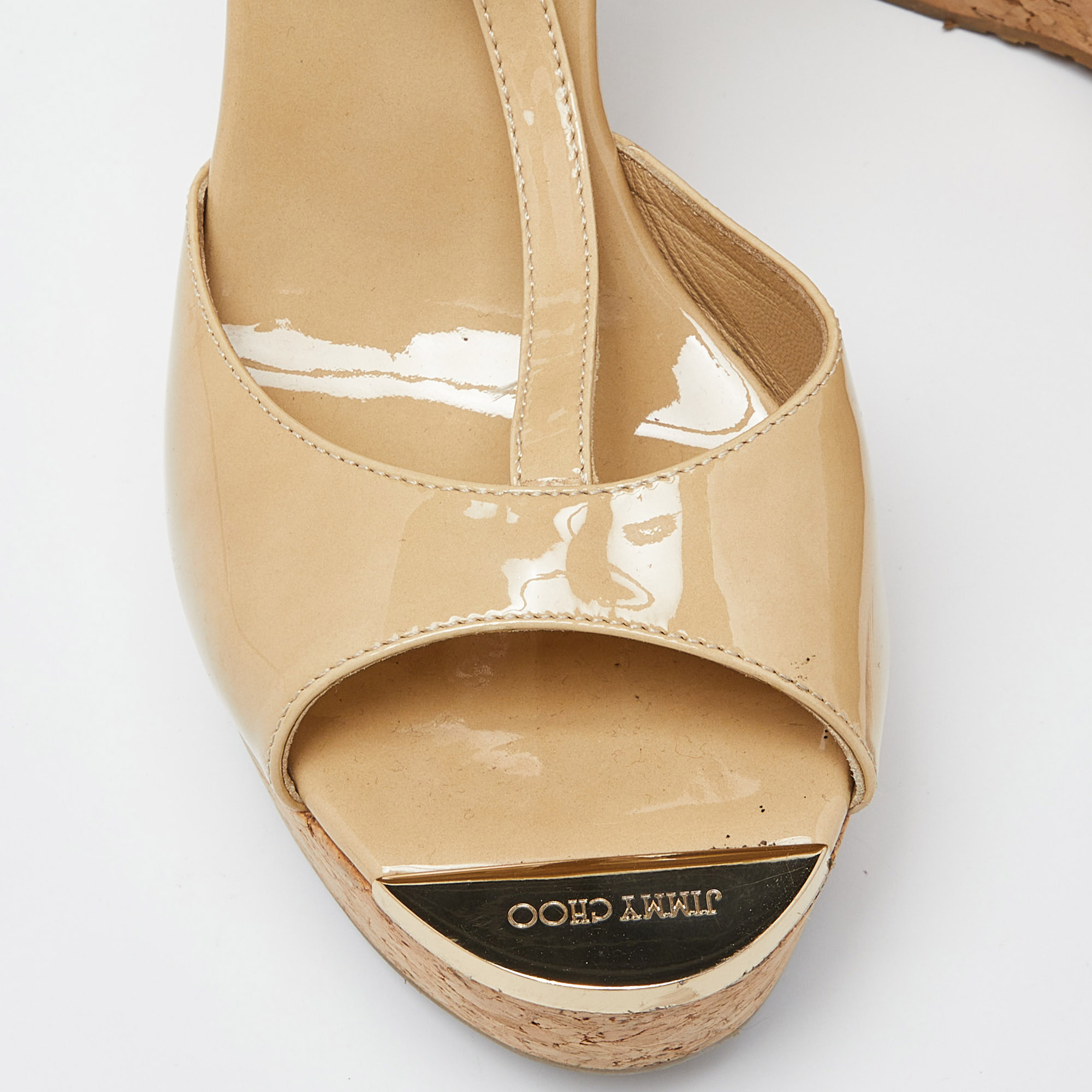 Jimmy Choo Beige Patent Leather Pela Cork Wedge T-Strap Sandals Size 40