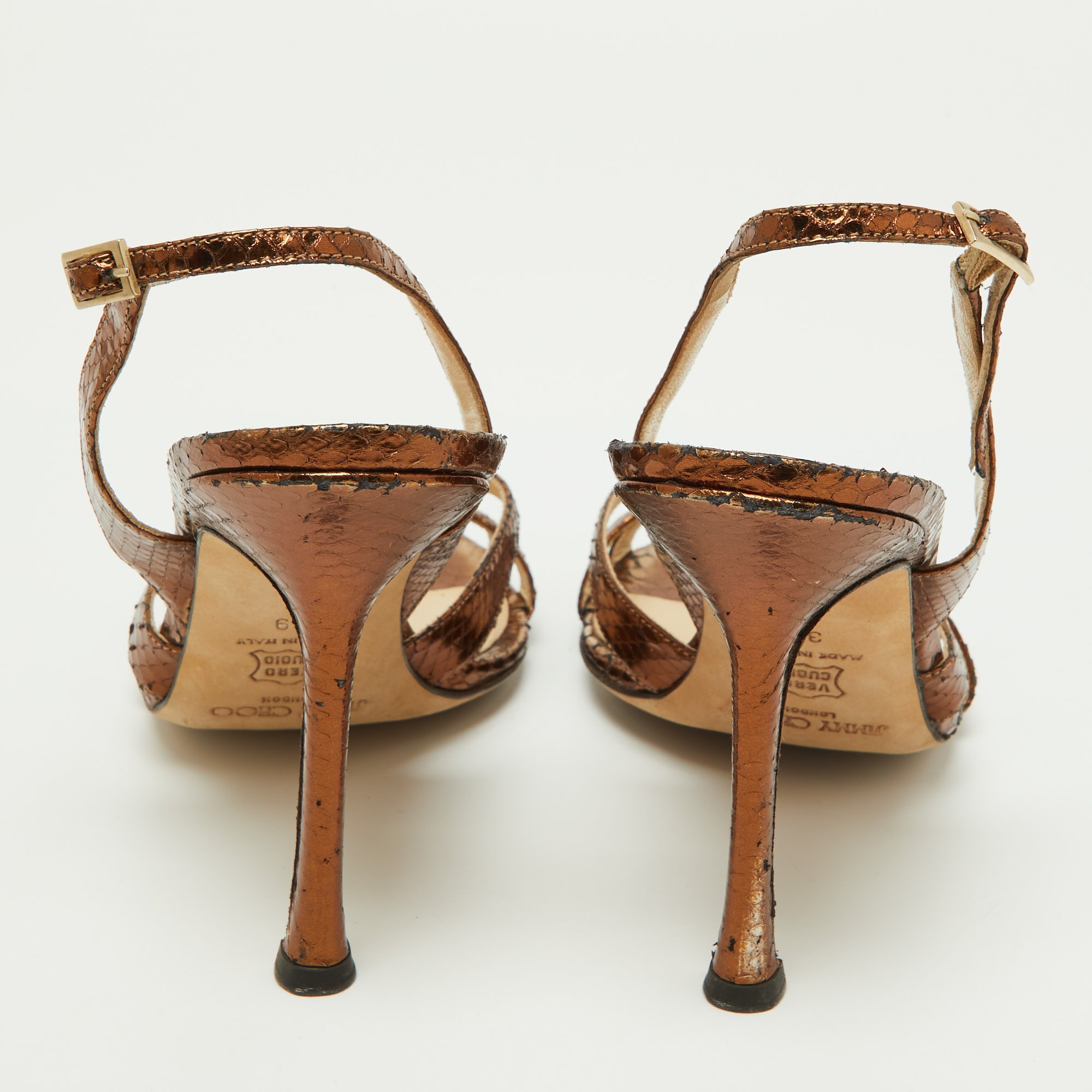 Jimmy Choo Metallic Bronze Python Embossed Leather Hepsie Slingback Sandals Size 39