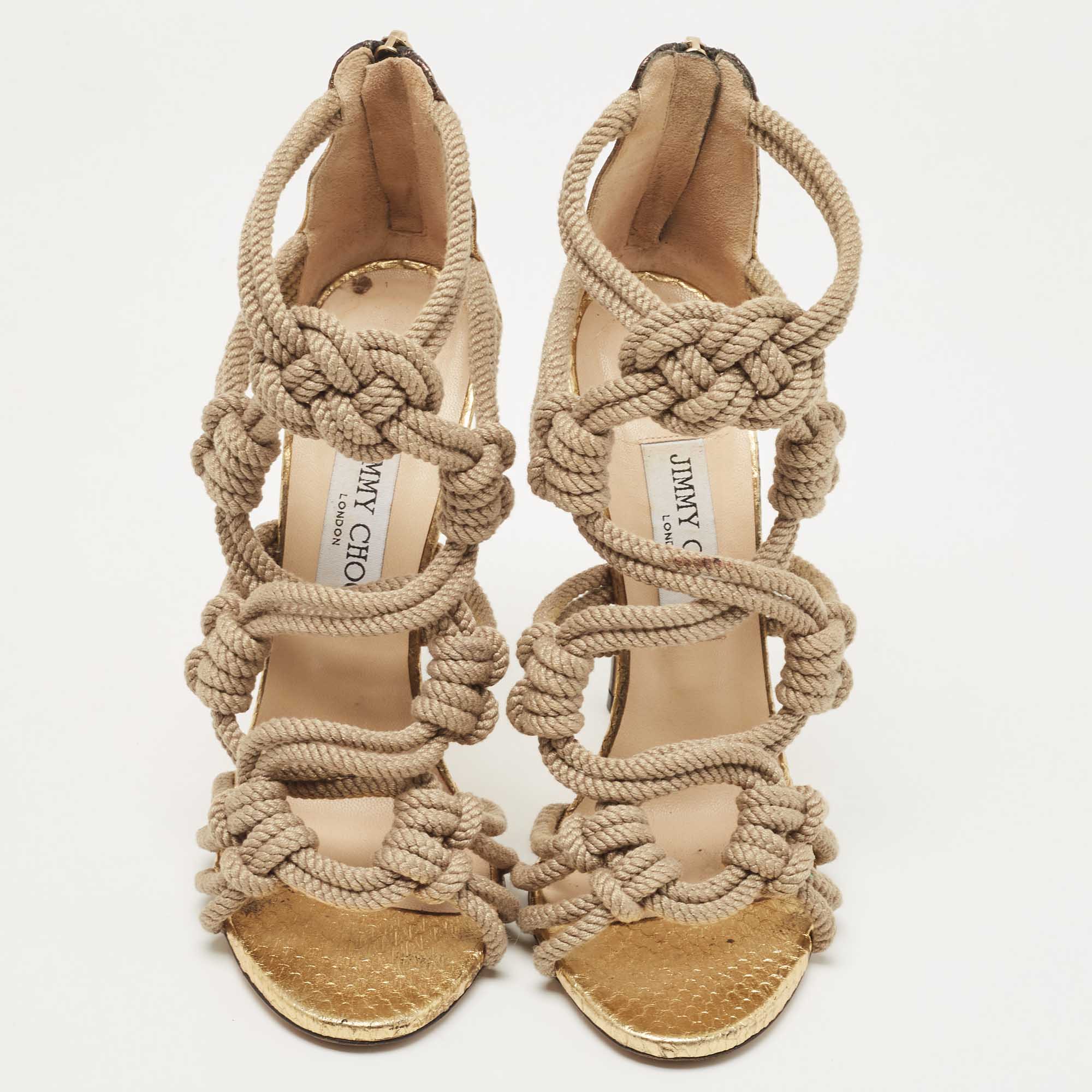 Jimmy Choo Beige/Gold Knotted Rope And Embossed Snakeskin Sandals Size 39