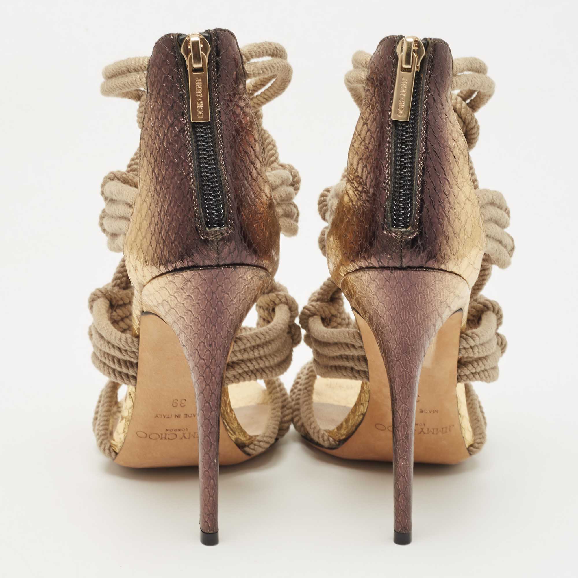 Jimmy Choo Beige/Gold Knotted Rope And Embossed Snakeskin Sandals Size 39