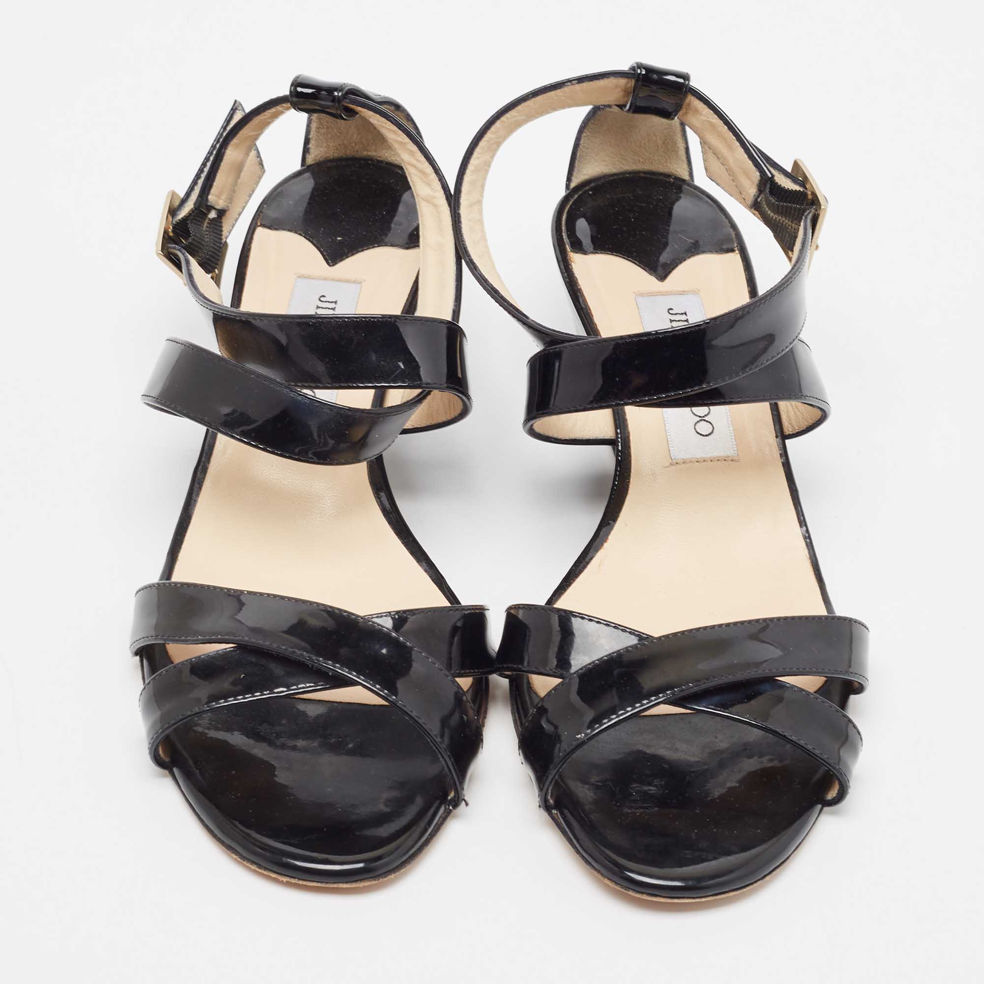 Jimmy Choo Black Patent Leather Chiara Crisscross Ankle Strap Wedge Sandals Size 39.5