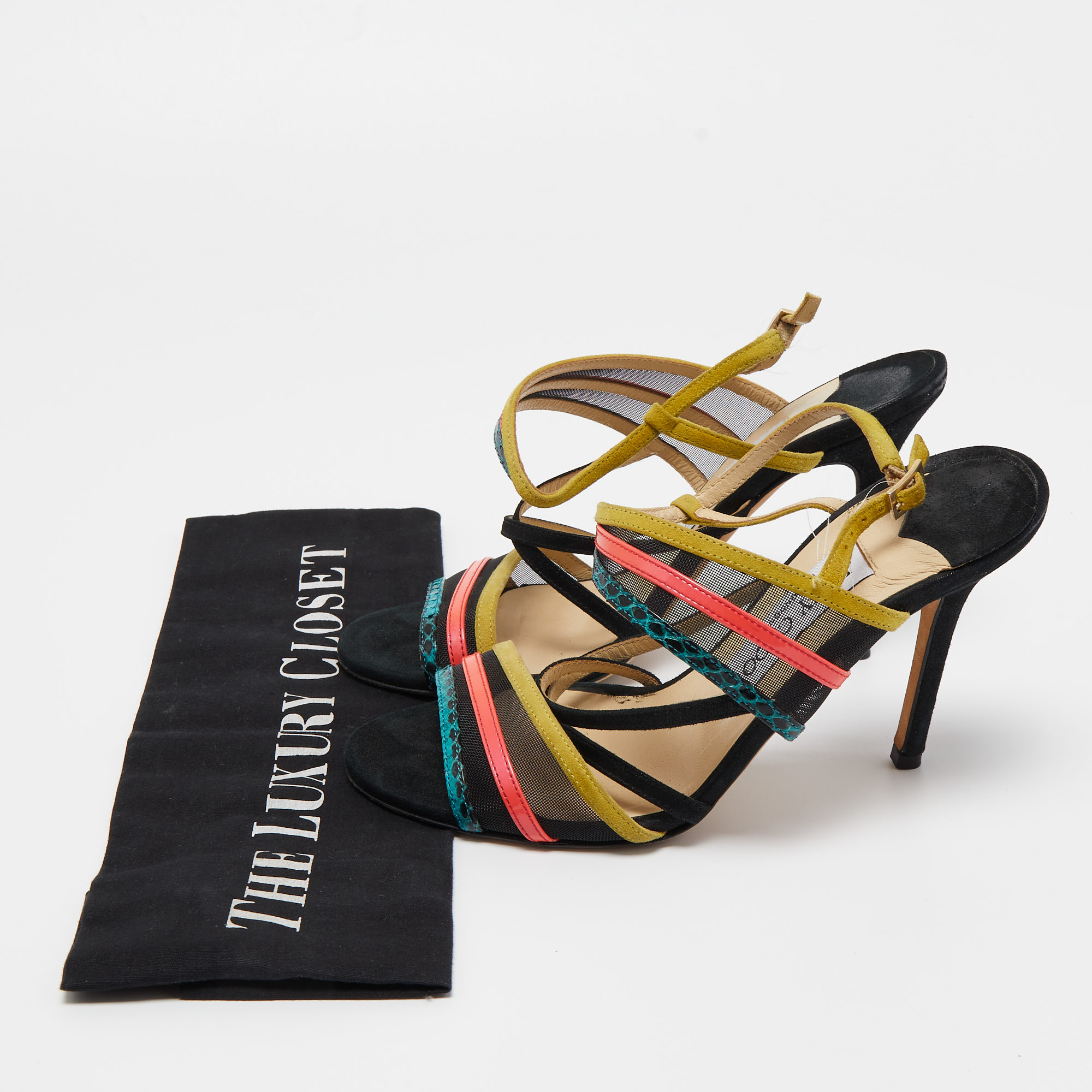 Jimmy Choo Multicolor Suede And Mesh Ankle Strap Sandals Size 36.5