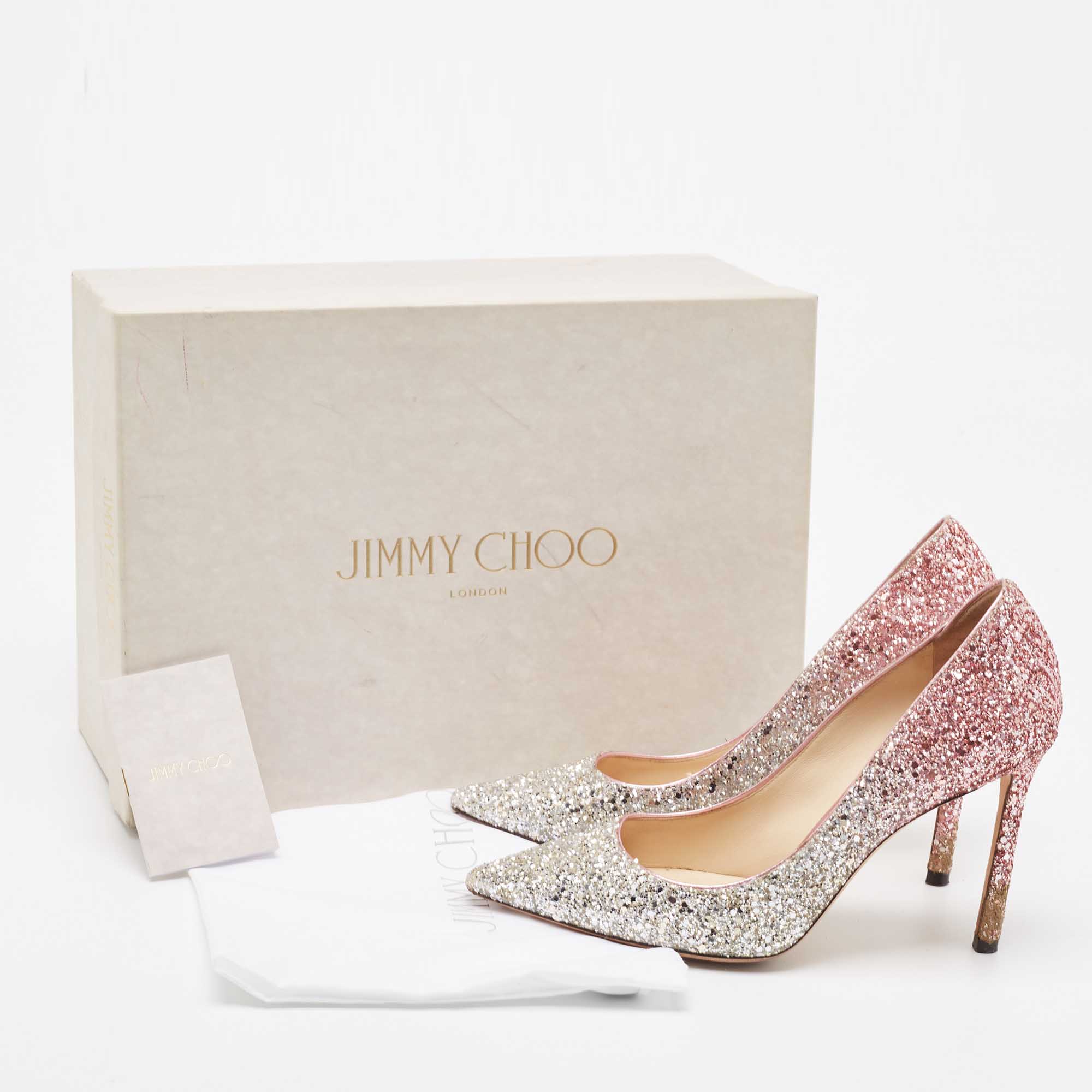 Jimmy Choo Ombre Silver/Pink Coarse Glitter Romy Pumps Size 37
