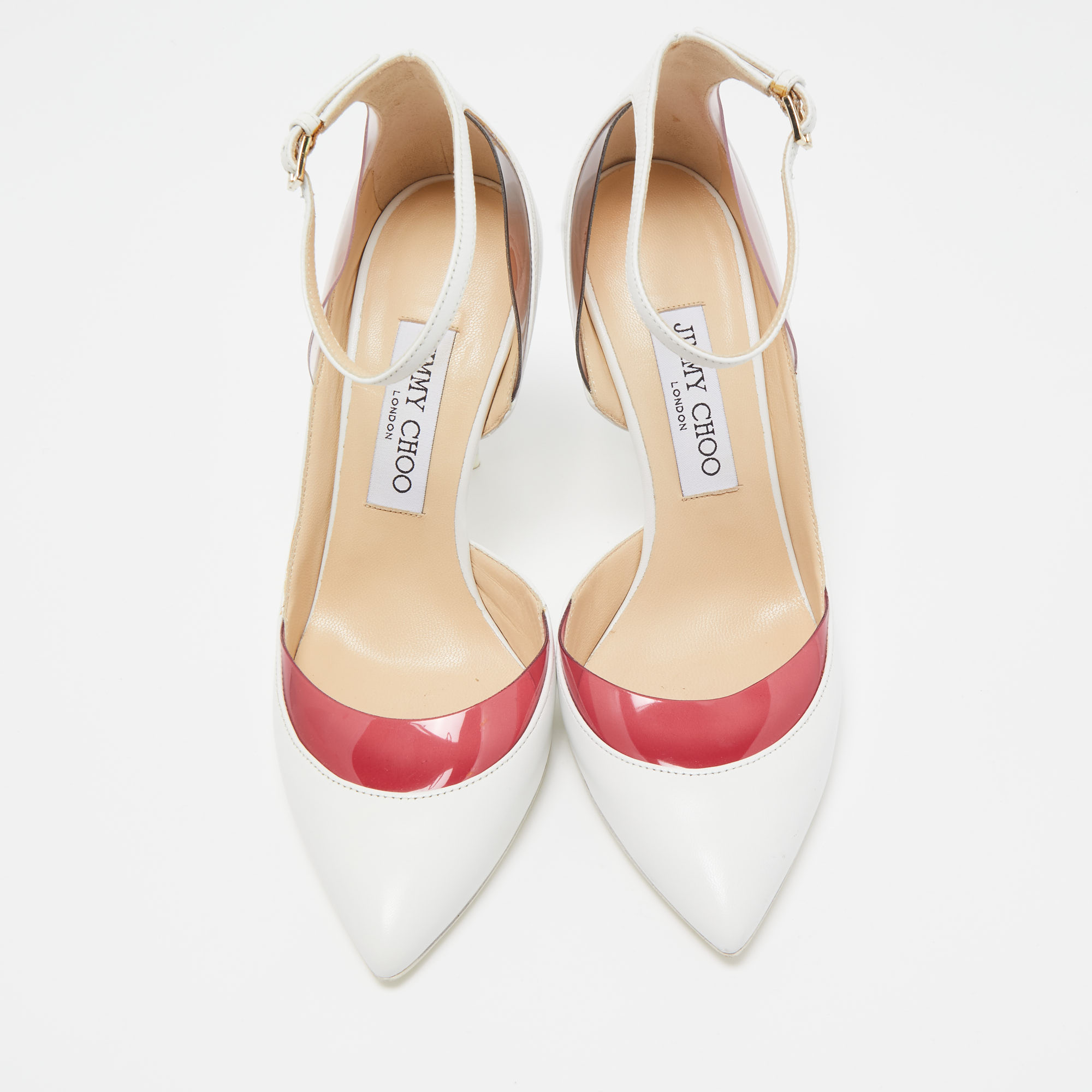 Jimmy Choo White/Pink Leather And PVC D'orsay Pointed Toe Ankle Strap Pumps Size 37