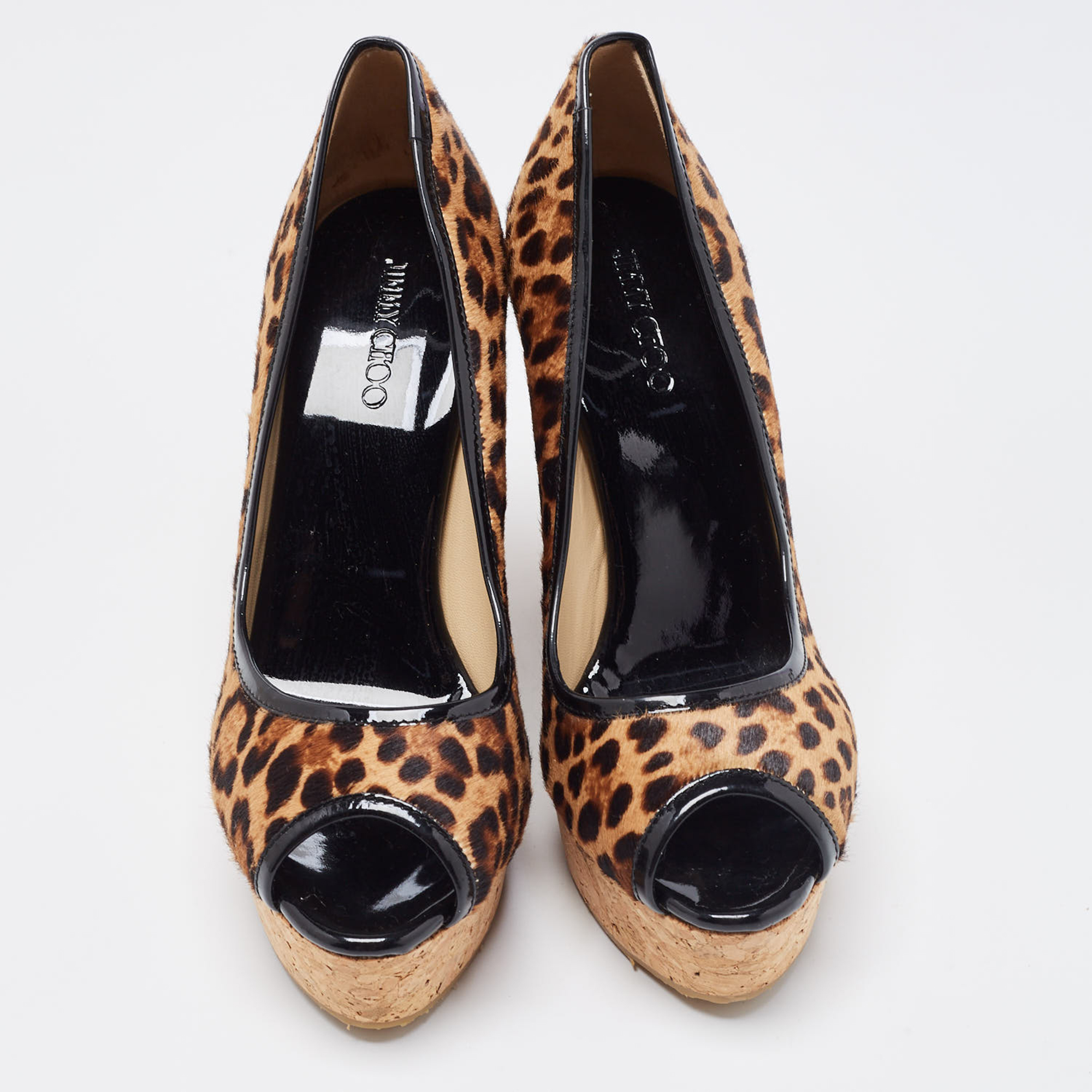 Jimmy Choo Brown/Beige Leopard Print Calf Hair And Patent Leather Papina Trim Cork Wedge Platform Pumps Size 39