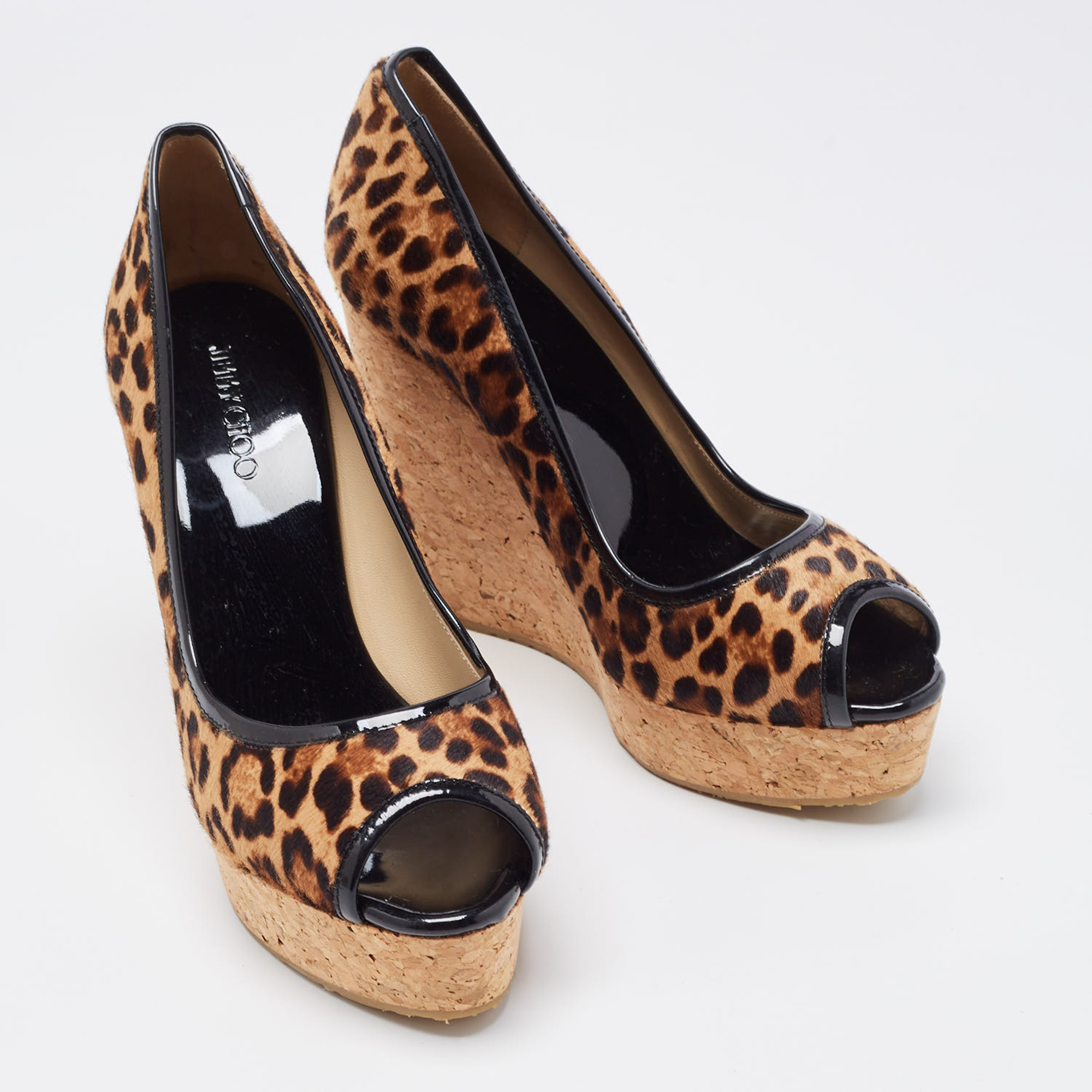 Jimmy Choo Brown/Beige Leopard Print Calf Hair And Patent Leather Papina Trim Cork Wedge Platform Pumps Size 39