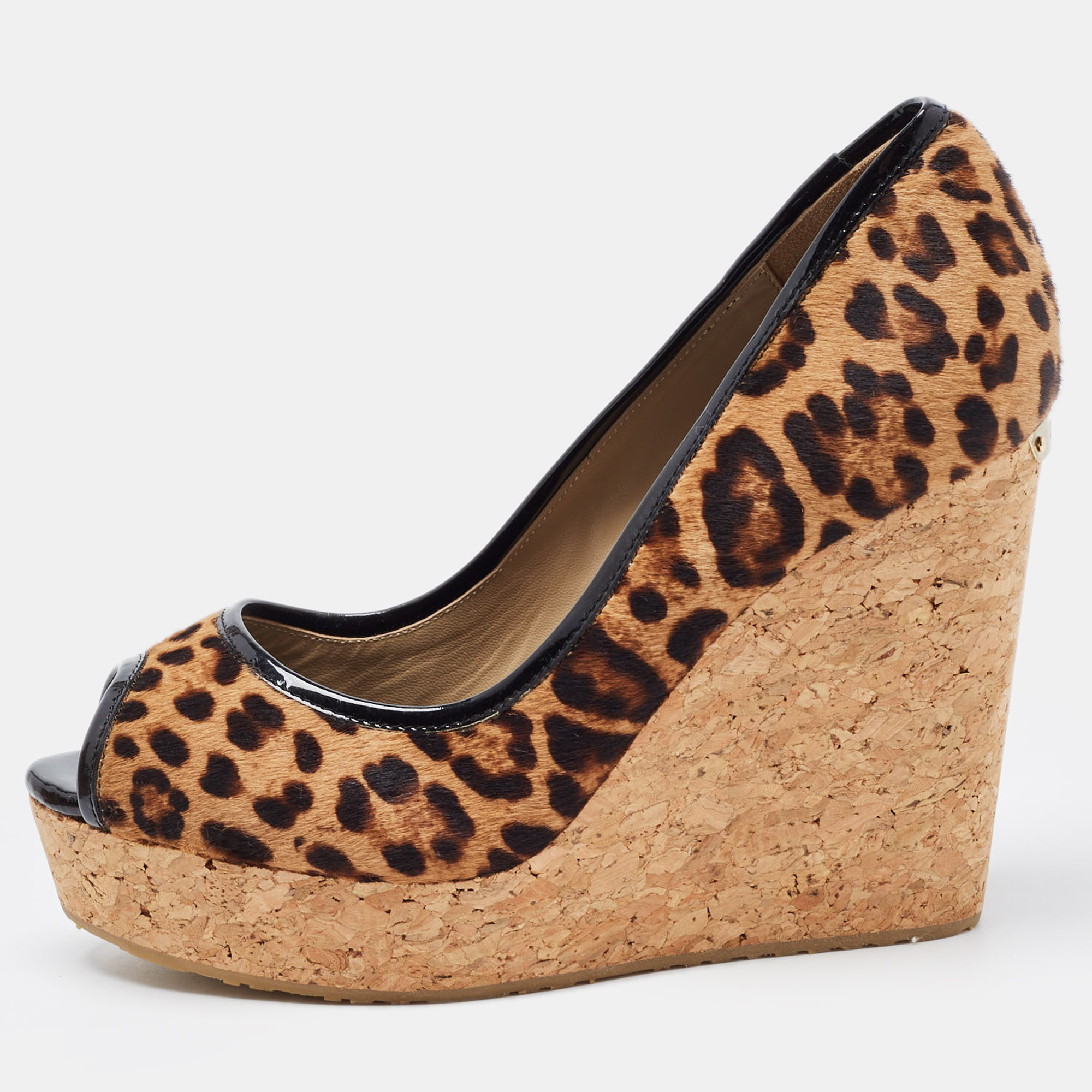 Jimmy choo brown/beige leopard print calf hair and patent leather papina trim cork wedge platform pumps size 39
