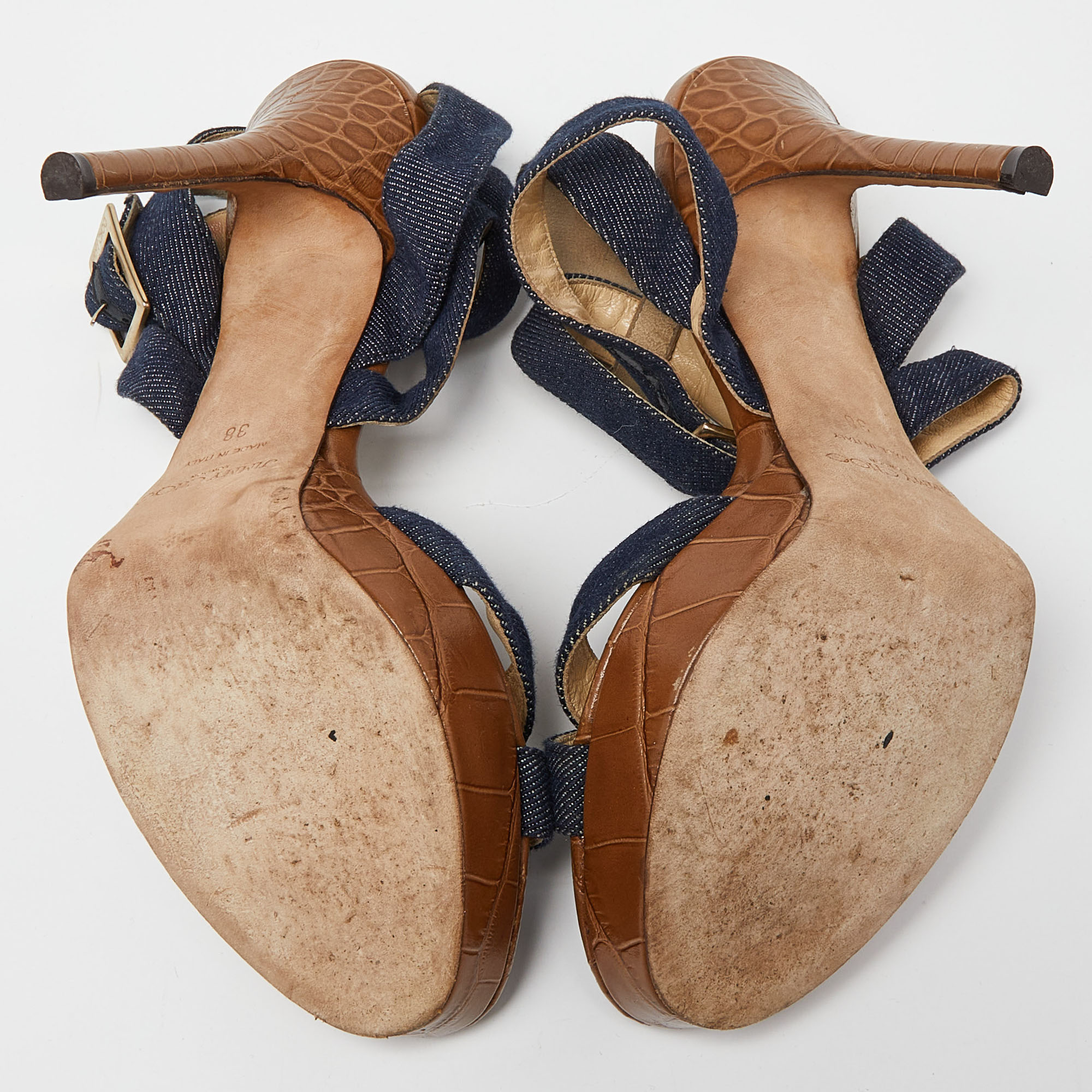 Jimmy Choo Navy Blue Denim Vamp Platform Sandals Size 38