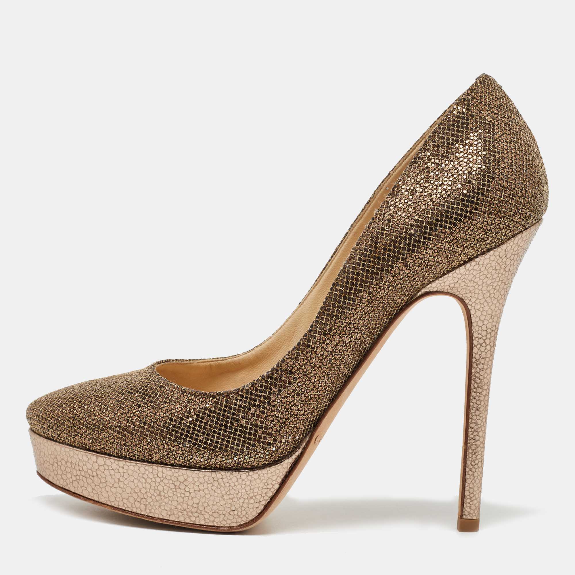 Jimmy choo gold glitter and leather cosmic platform pumps size 37.5