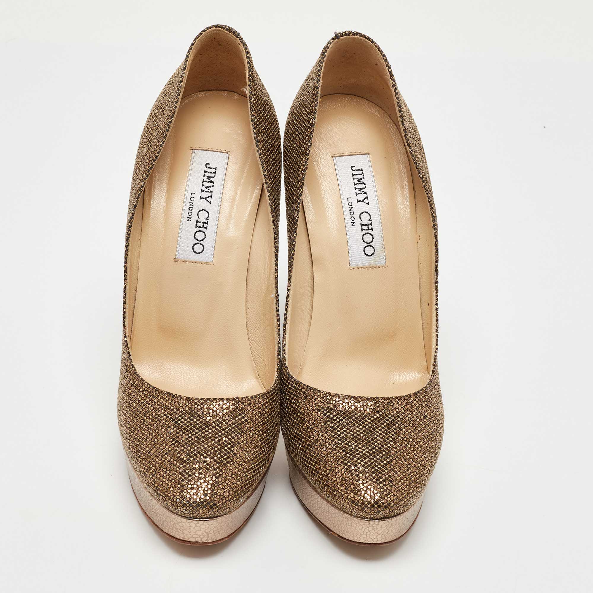Jimmy Choo Gold Glitter And Leather Cosmic Platform Pumps Size 37.5
