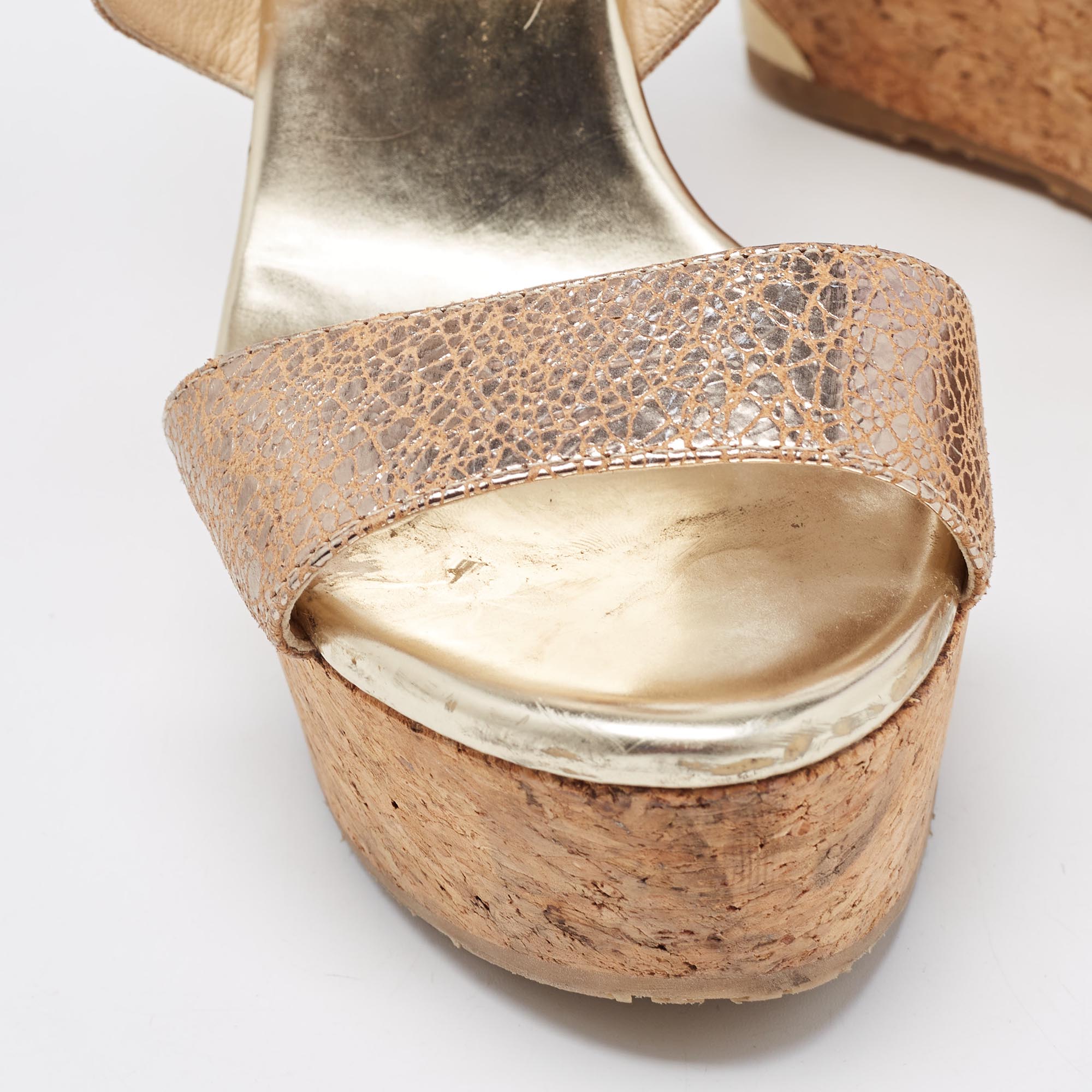 Jimmy Choo Metallic Gold Leather Cork Wedge Sandals Size 37