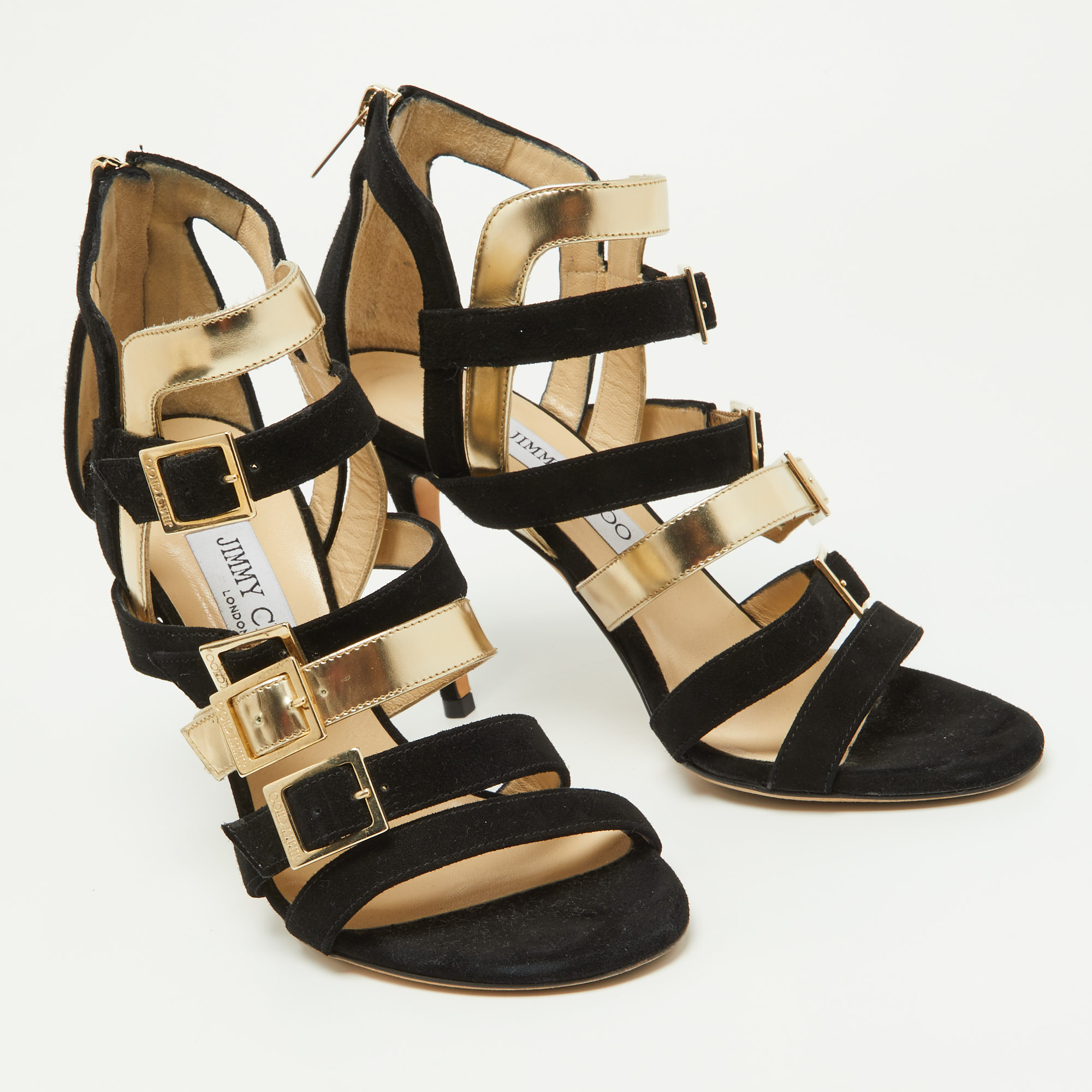 Jimmy Choo Black/Gold Suede And Patent Leather Booster Gladiator Sandals Size 38.5