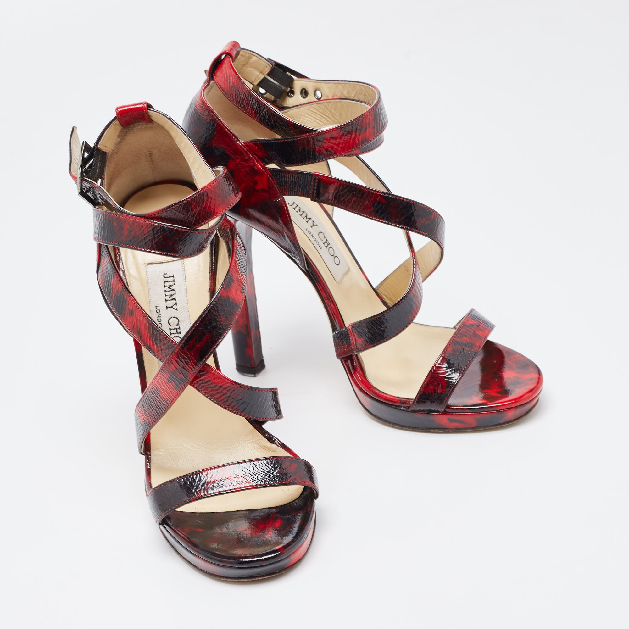 Jimmy Choo Red/Black Leather Criss Cross Ankle Strap Sandals Size 37.5