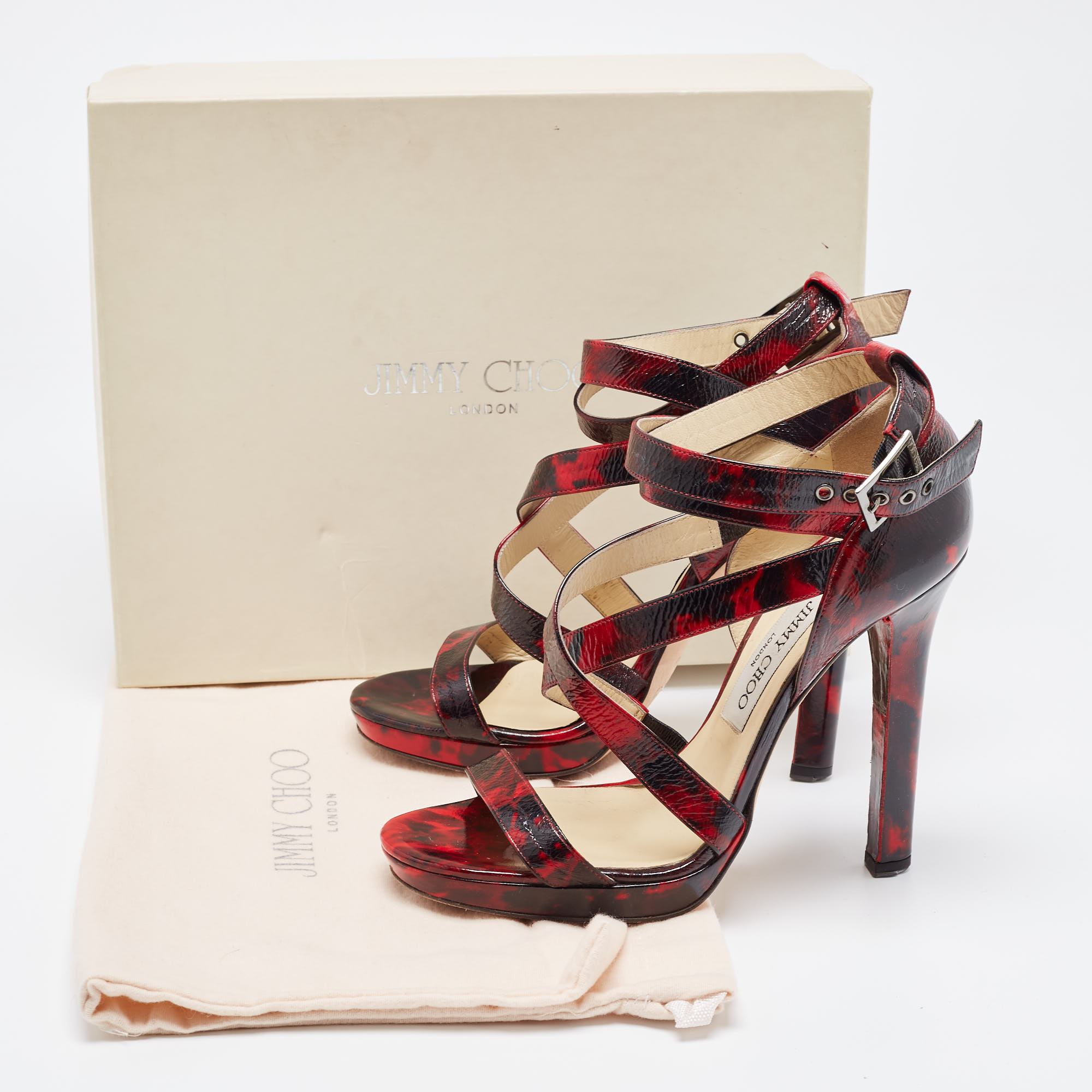 Jimmy Choo Red/Black Leather Criss Cross Ankle Strap Sandals Size 37.5