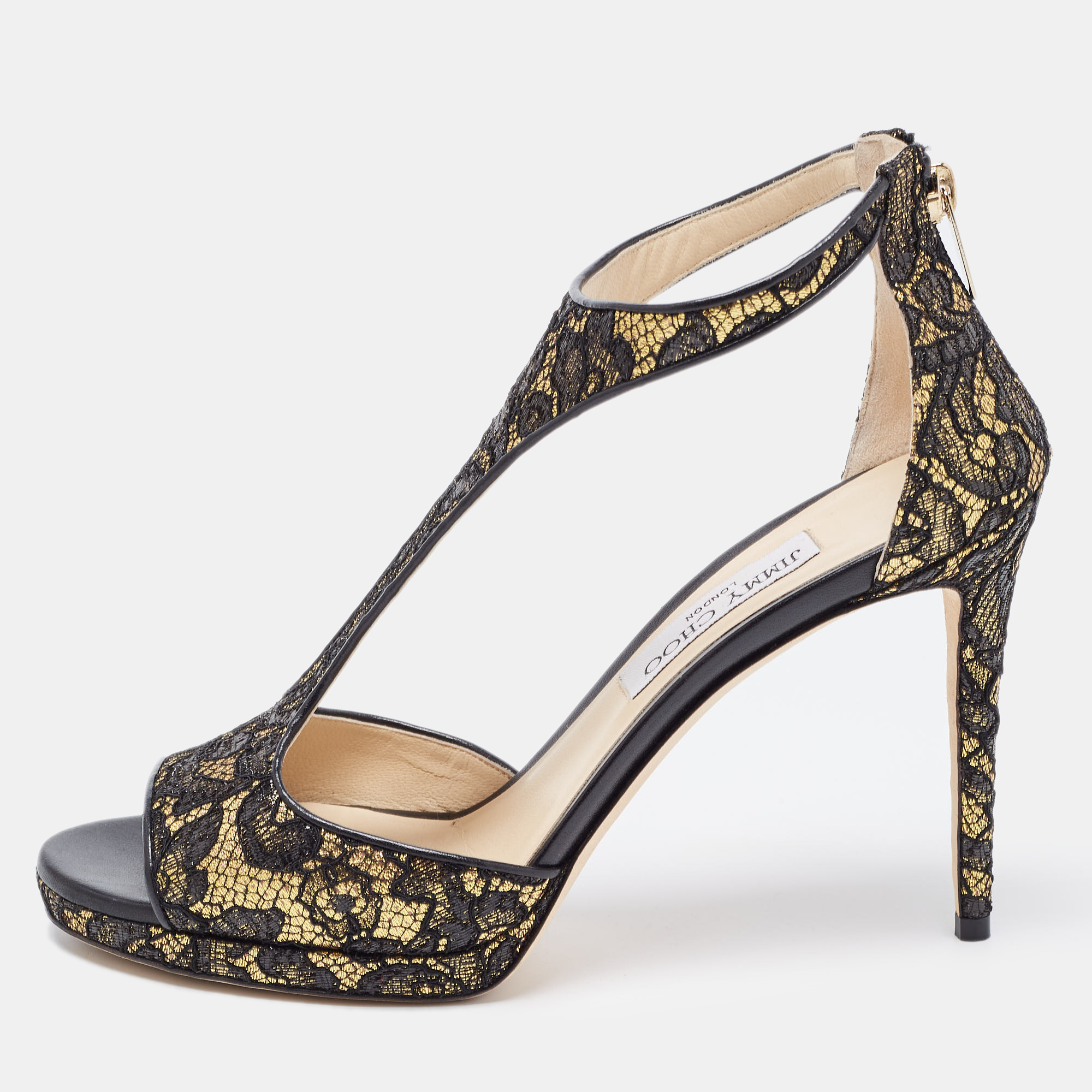 Jimmy Choo Black/Gold Lace And Leather Lana Sandals Size 41