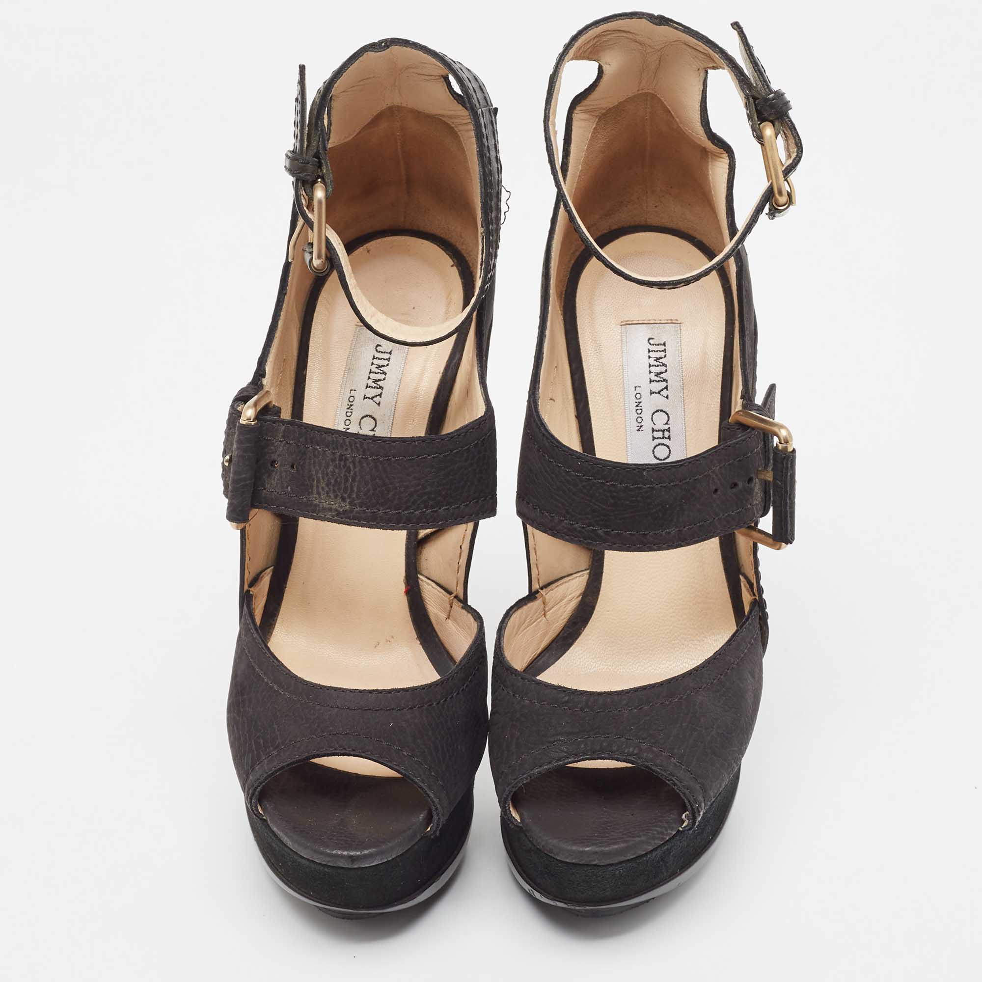 Jimmy Choo Black Nubuck Leather Ankle Strap Sandals Size 36.5