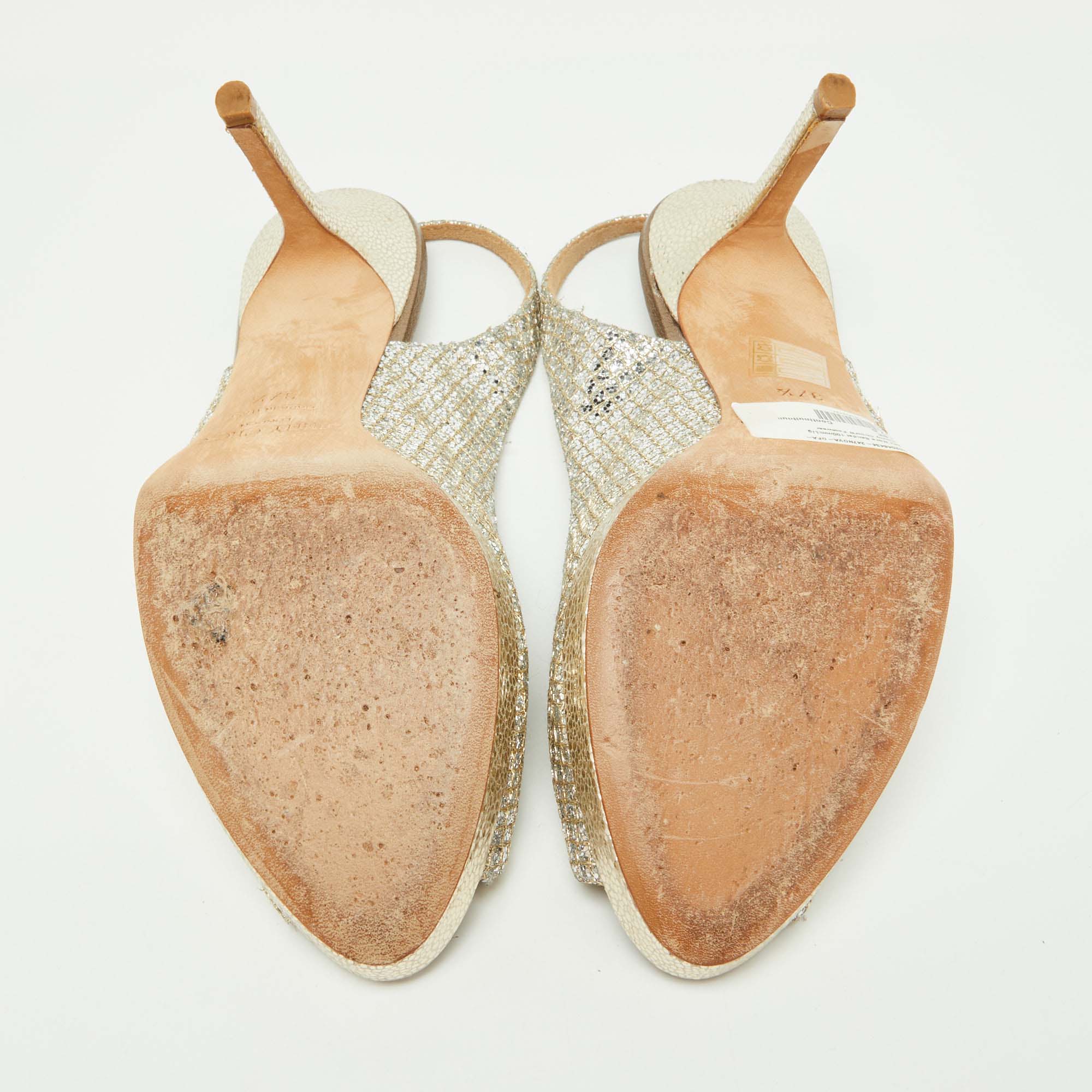 Jimmy Choo Gold Glitter And Lurex Fabric Nova Peep Toe Slingback Sandals Size 37.5