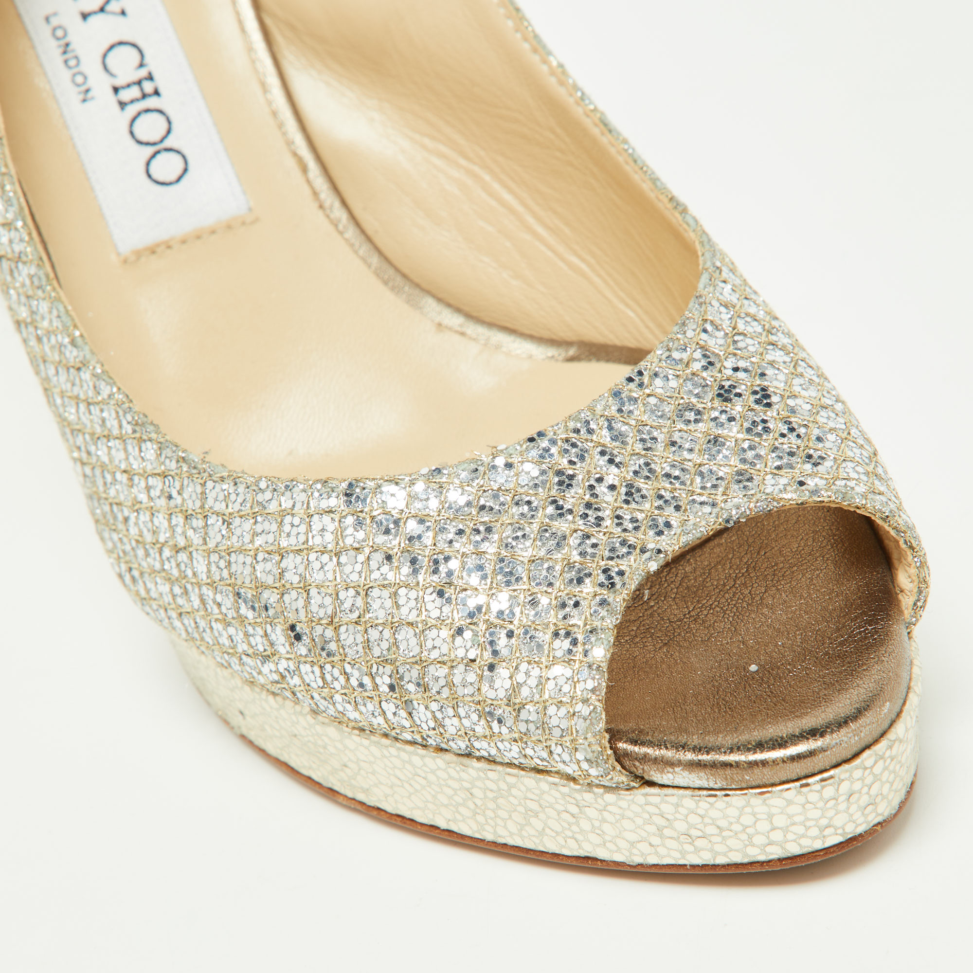 Jimmy Choo Gold Glitter And Lurex Fabric Nova Peep Toe Slingback Sandals Size 37.5