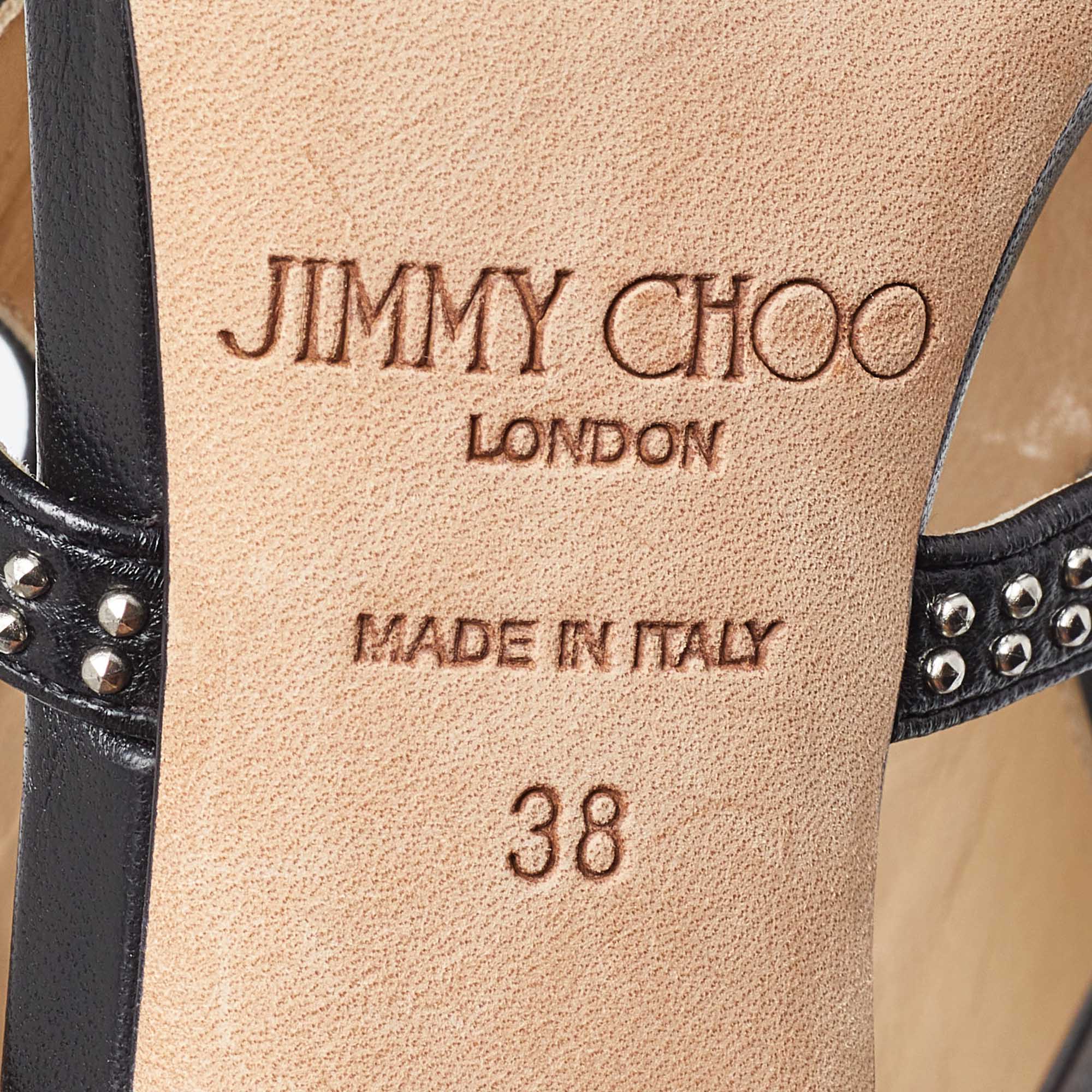 Jimmy Choo Black Leather Studded Tarine Peep Toe Sandals Size 38