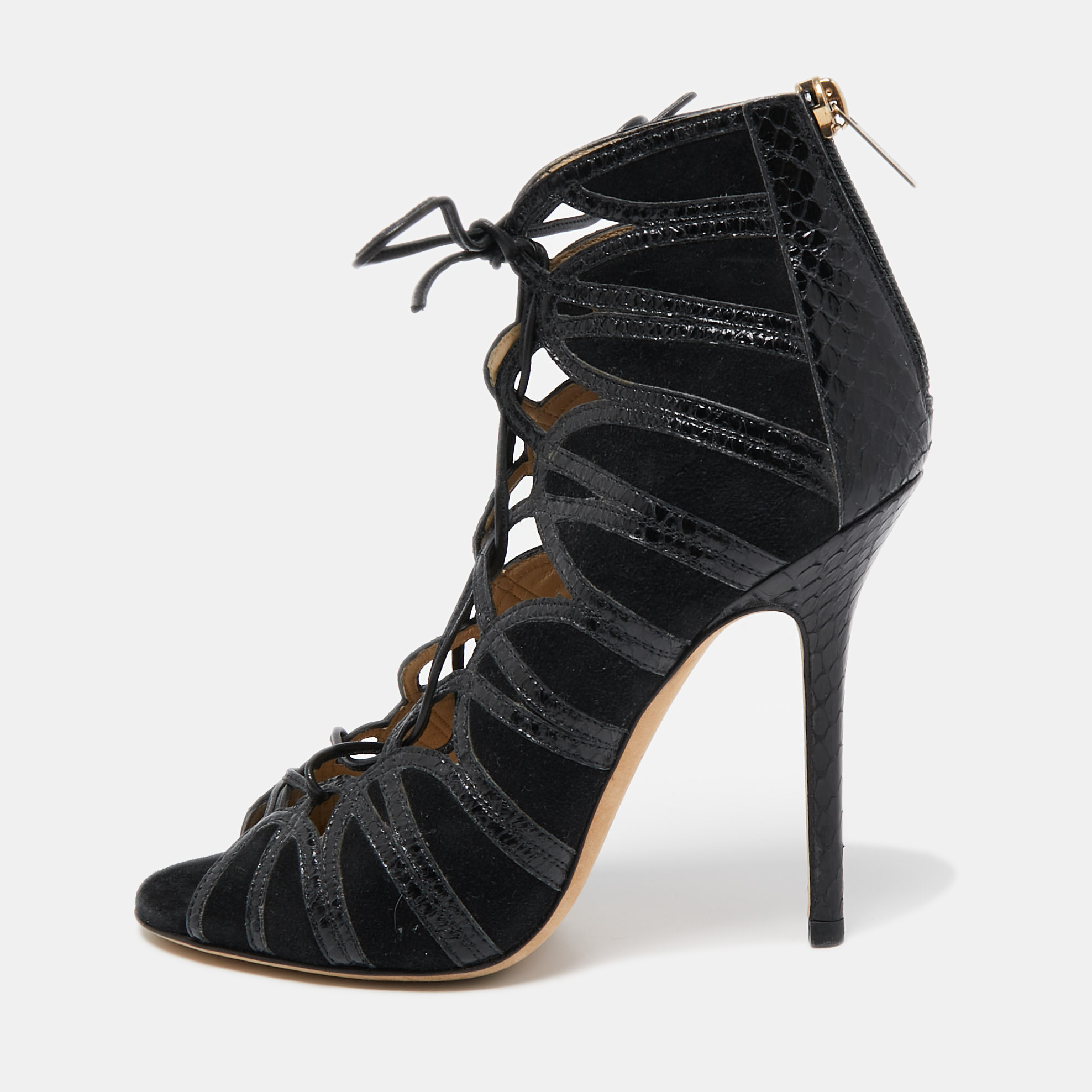 Jimmy Choo Black Python And Suede Lace Up Pumps 37