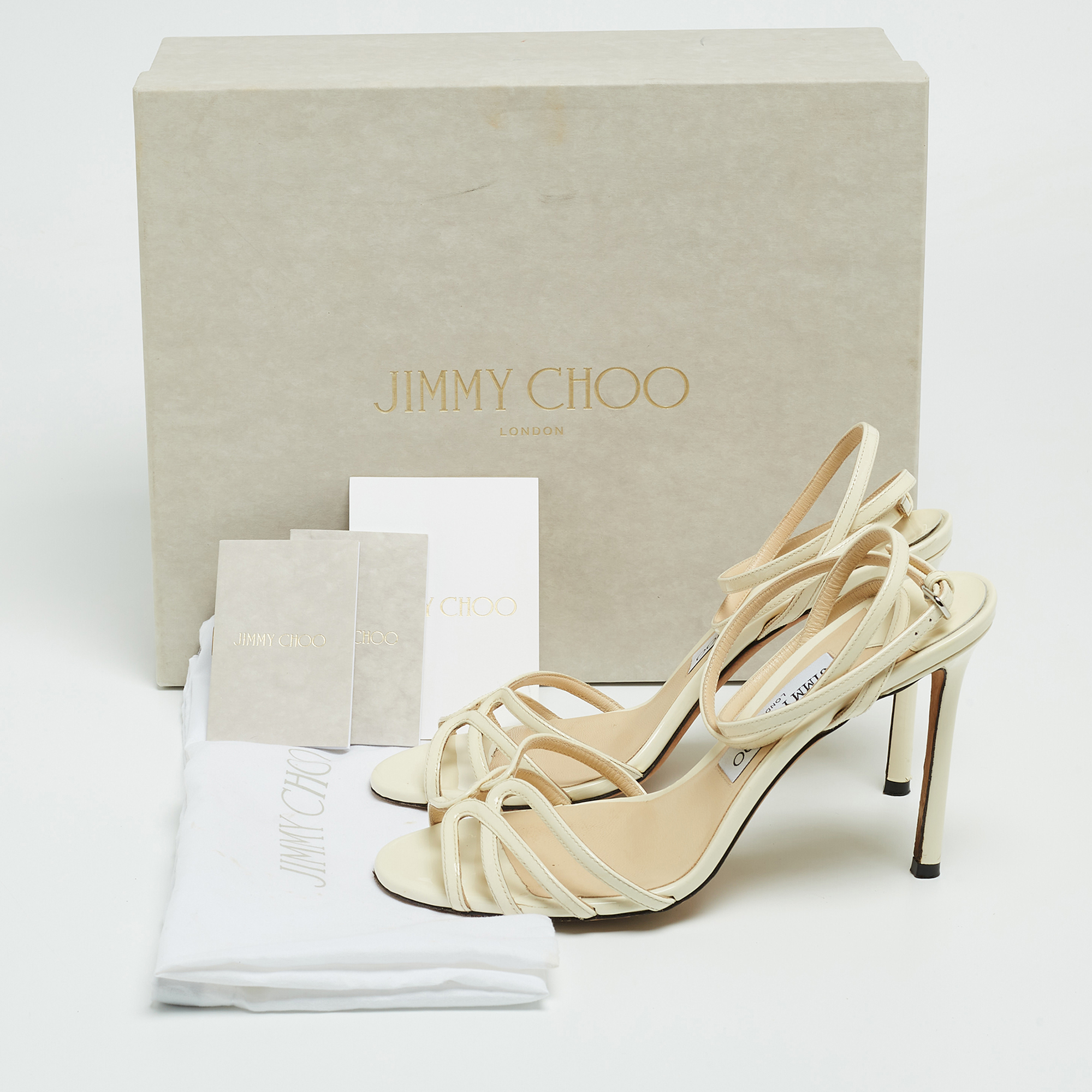 Jimmy Choo Off White Patent Leather Mimi Ankle Strap Sandals Size 38