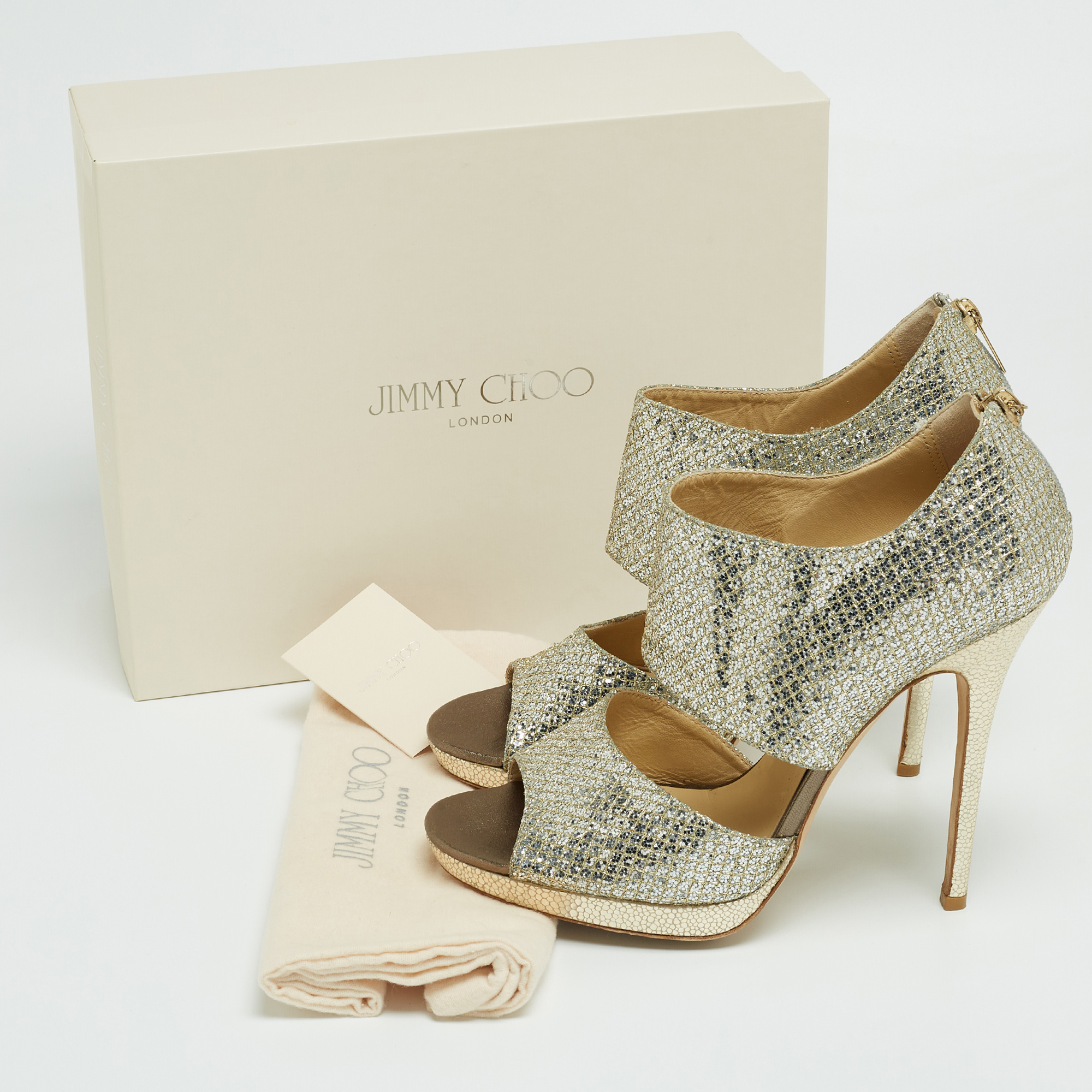 Jimmy Choo Silver/Gold Coarse Glitter Private Platform Sandals Size 40