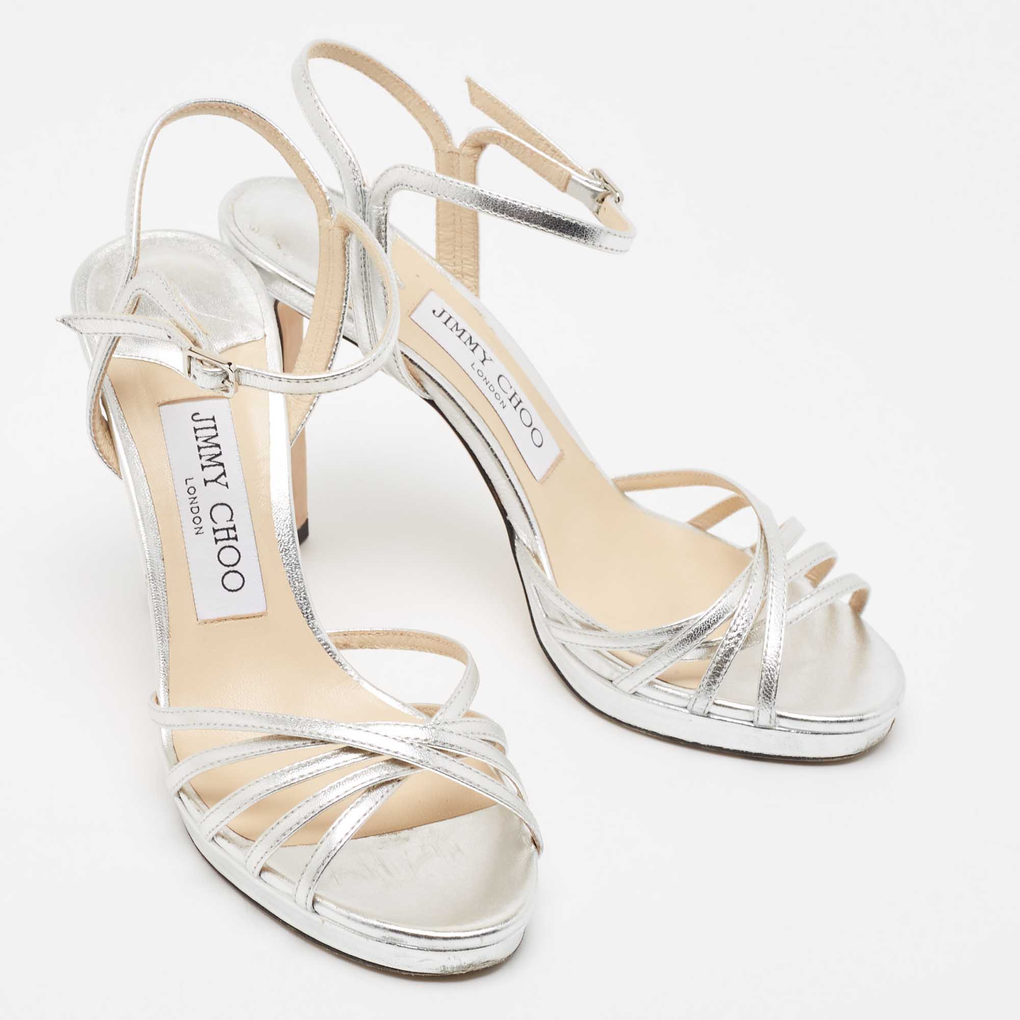 Jimmy Choo Silver Leather Lilah Ankle Strap Sandals Size 35.5