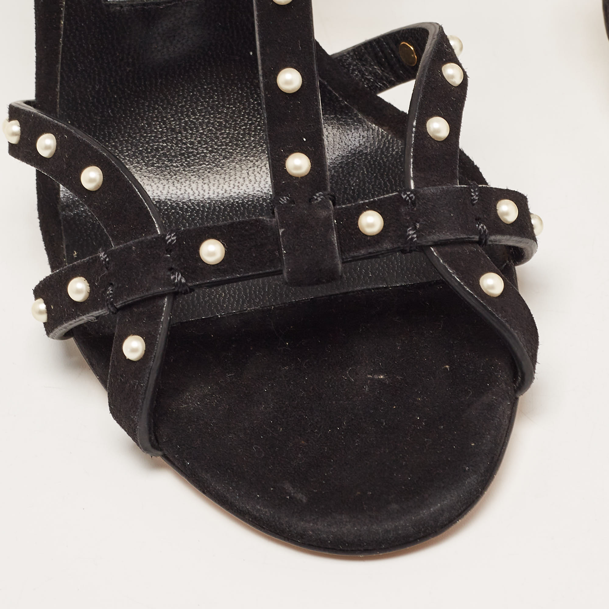 Jimmy Choo Black Suede Faux Pearl Studded Beverly Ankle Strap Sandals Size 35