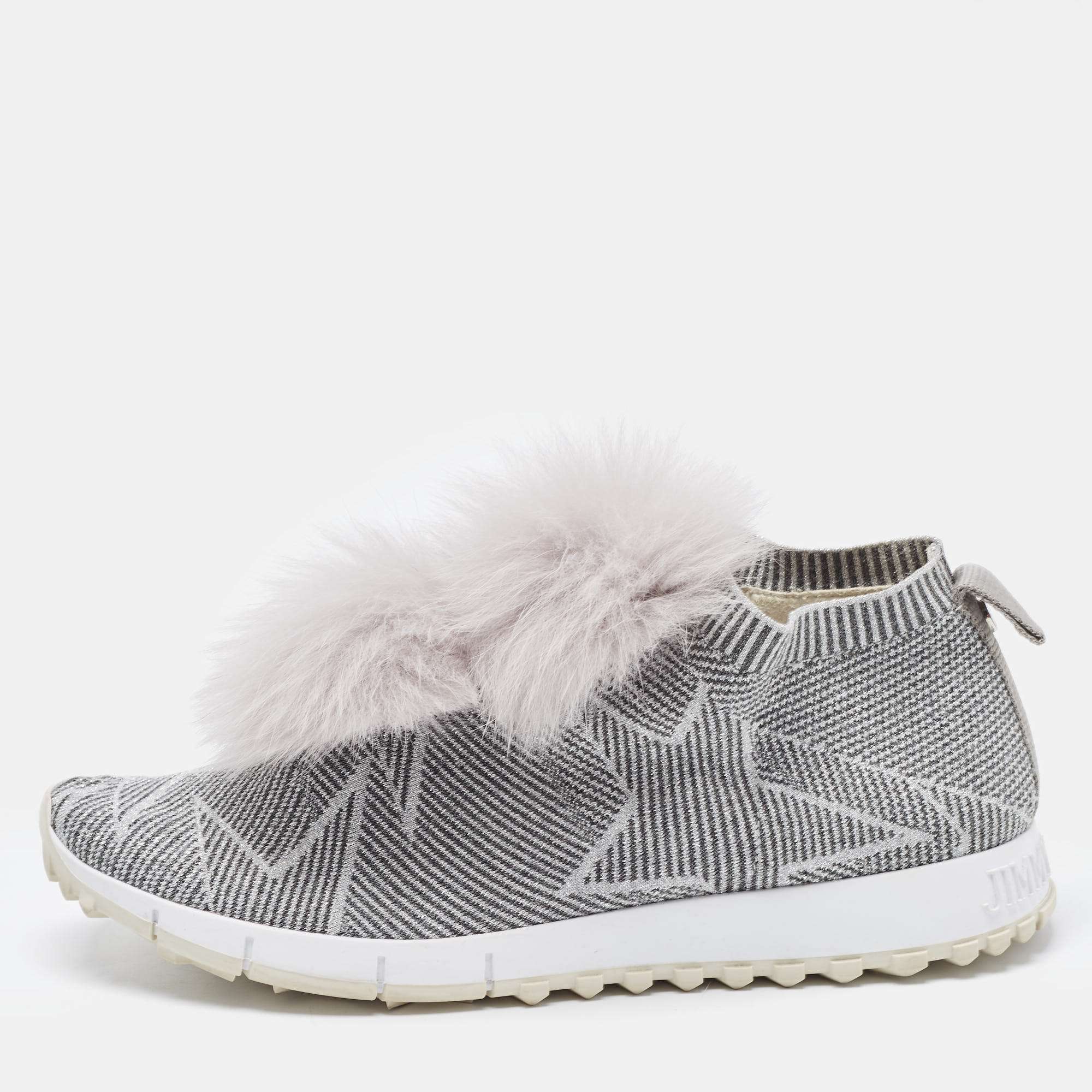 Jimmy Choo Grey Stretch Fabric  Fur Embellished High Top Sneakers Size 41