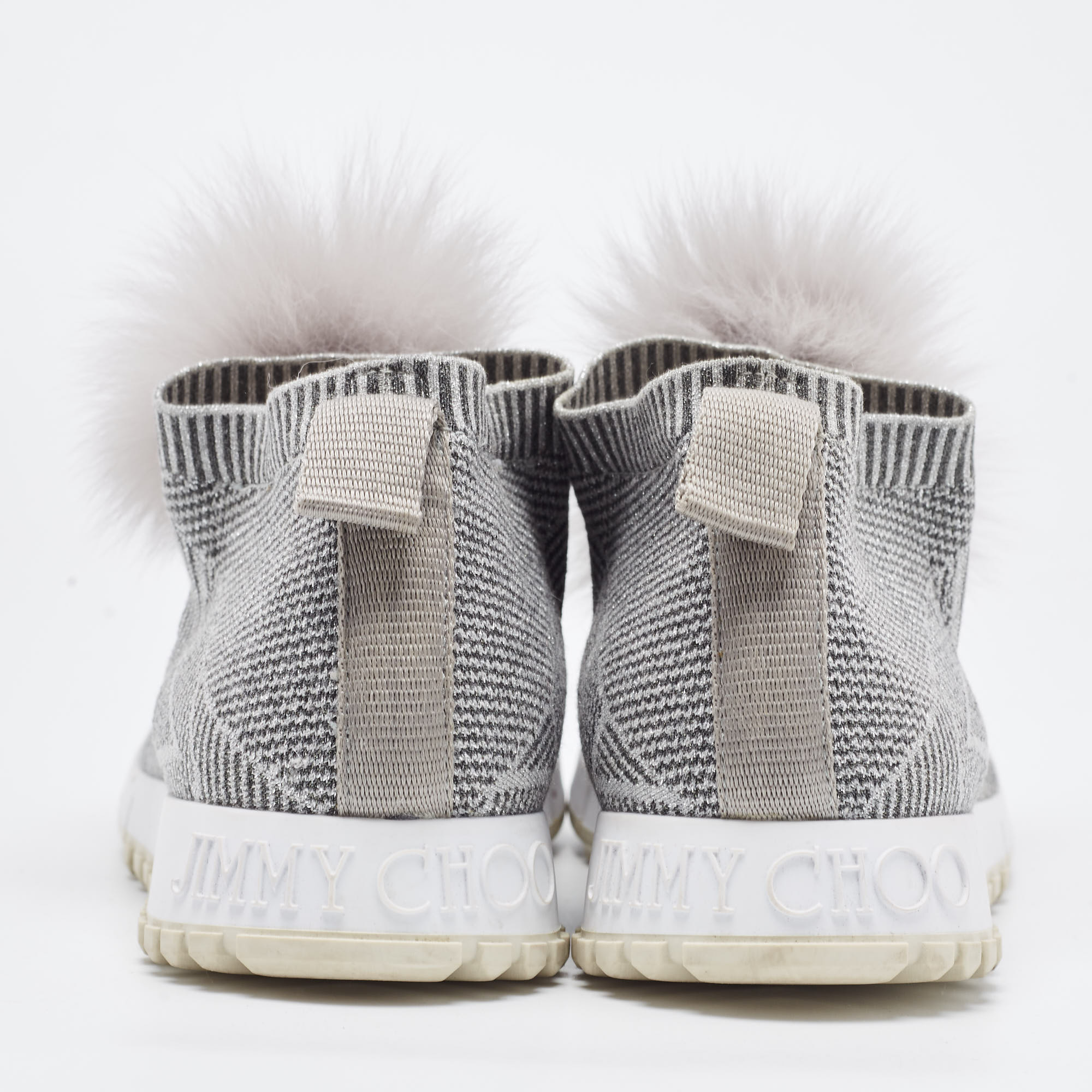 Jimmy Choo Grey Stretch Fabric  Fur Embellished High Top Sneakers Size 41