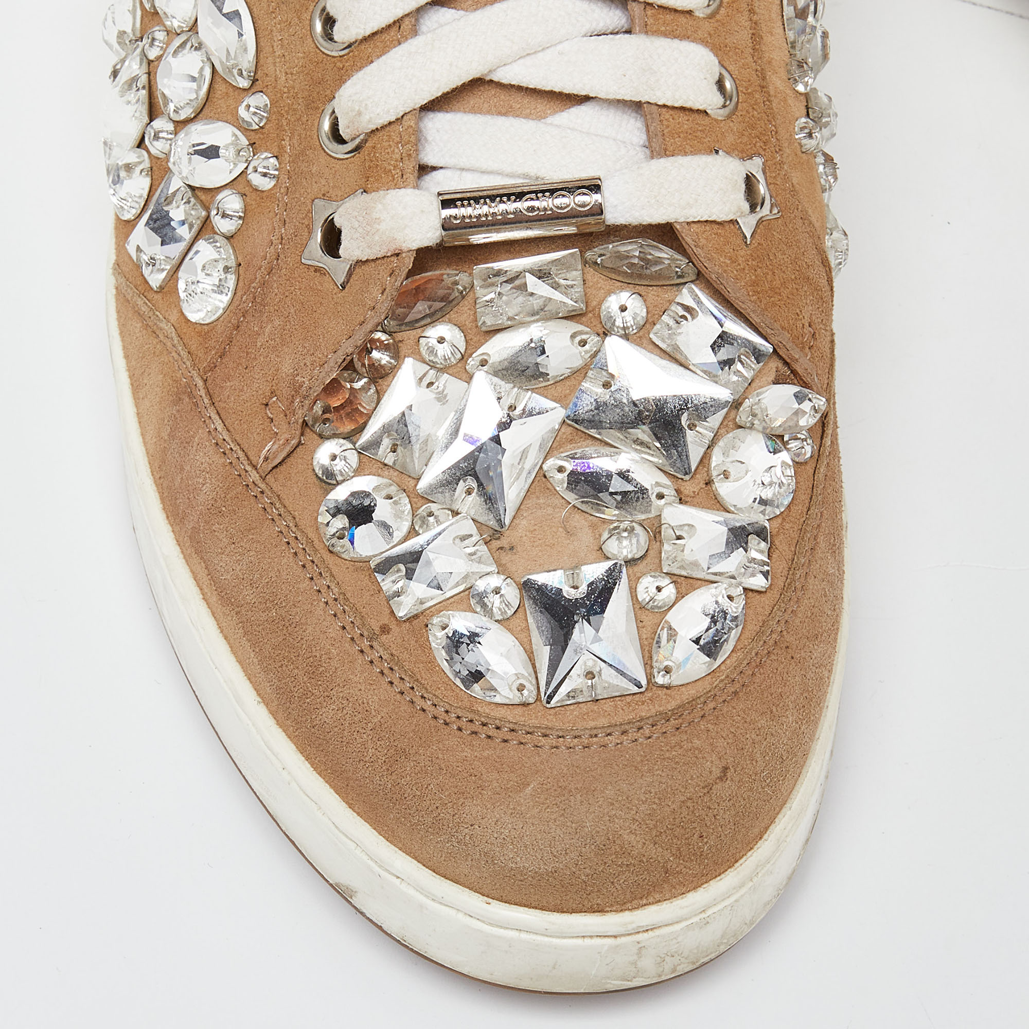 Jimmy Choo Beige Suede Miami Crystal Embellished Sneakers Size 41