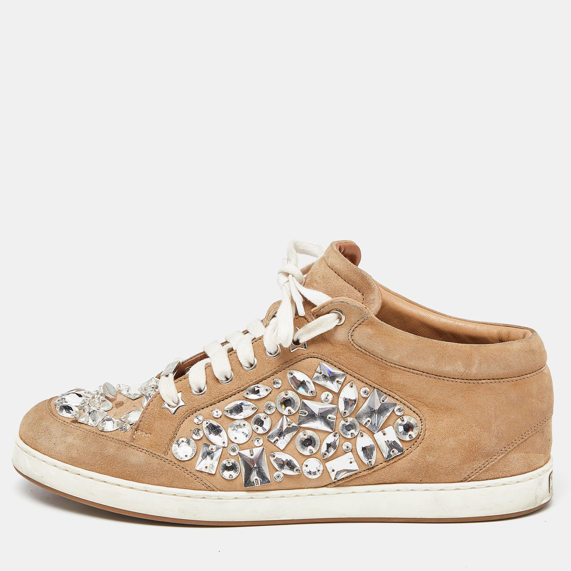 Jimmy choo beige suede miami crystal embellished sneakers size 41