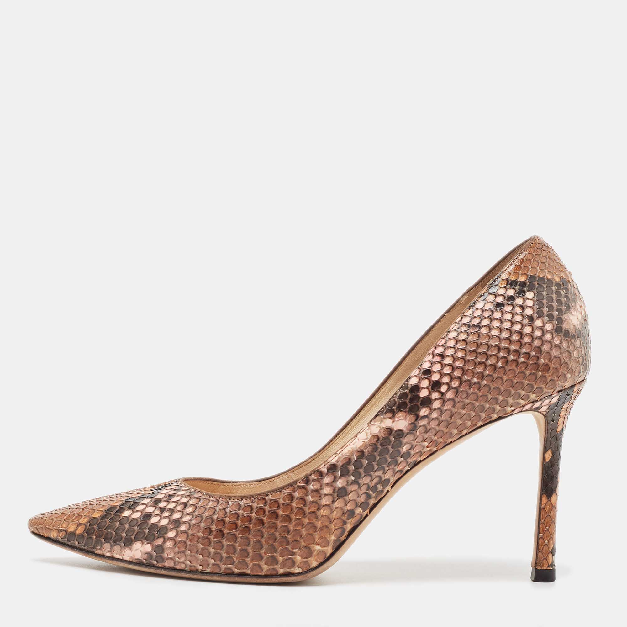 Jimmy choo brown python leather abel pointed toe pumps size 37