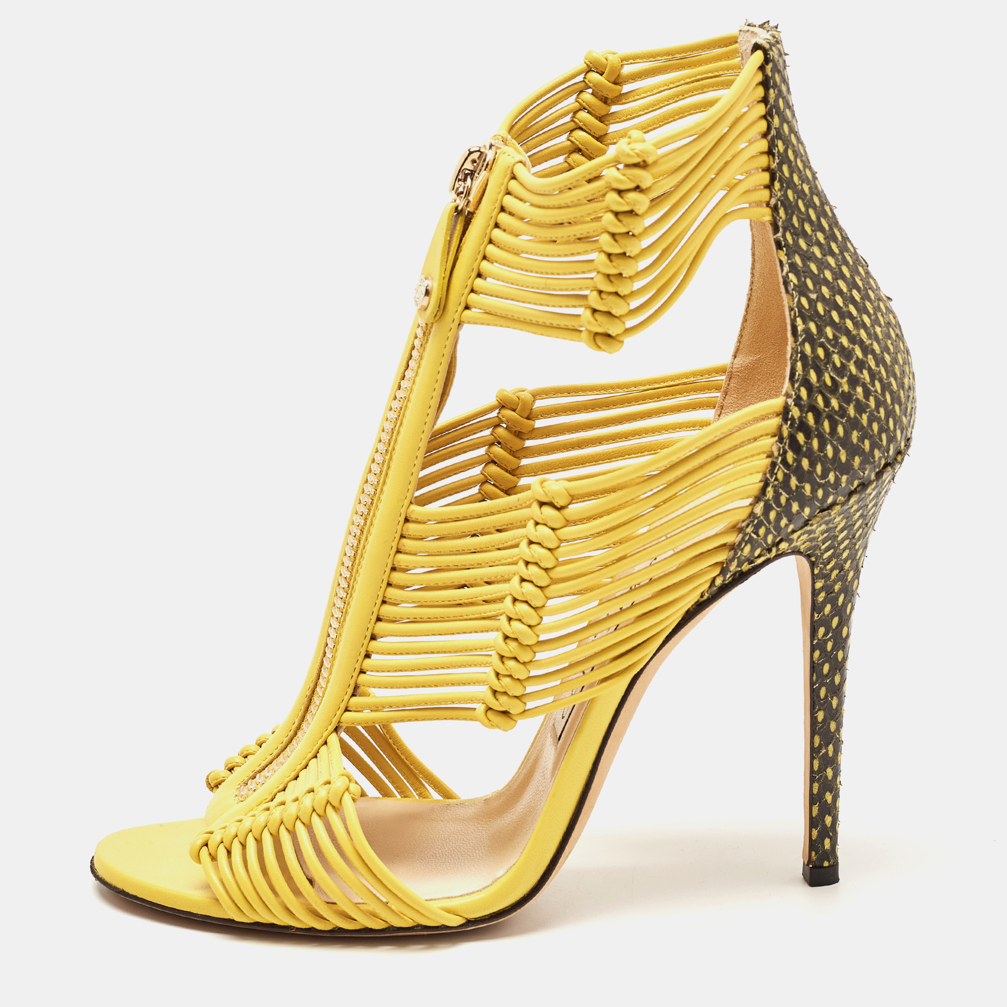 

Jimmy Choo Yellow/Black Python and Leather Kattie Zip Front Strap Sandals Size