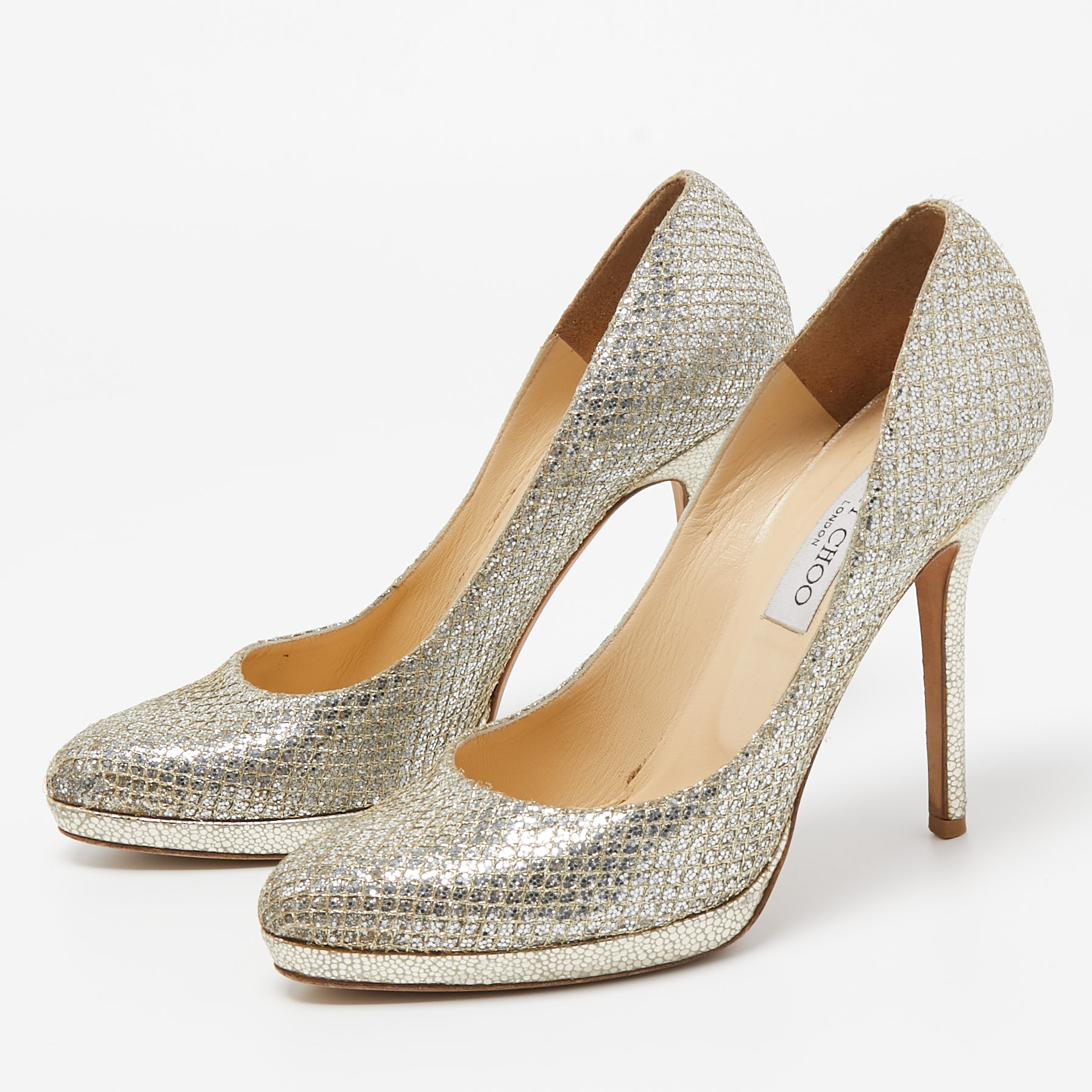 Jimmy Choo Silver/Gold Glitter Fabric Platform Pumps Size 36.5