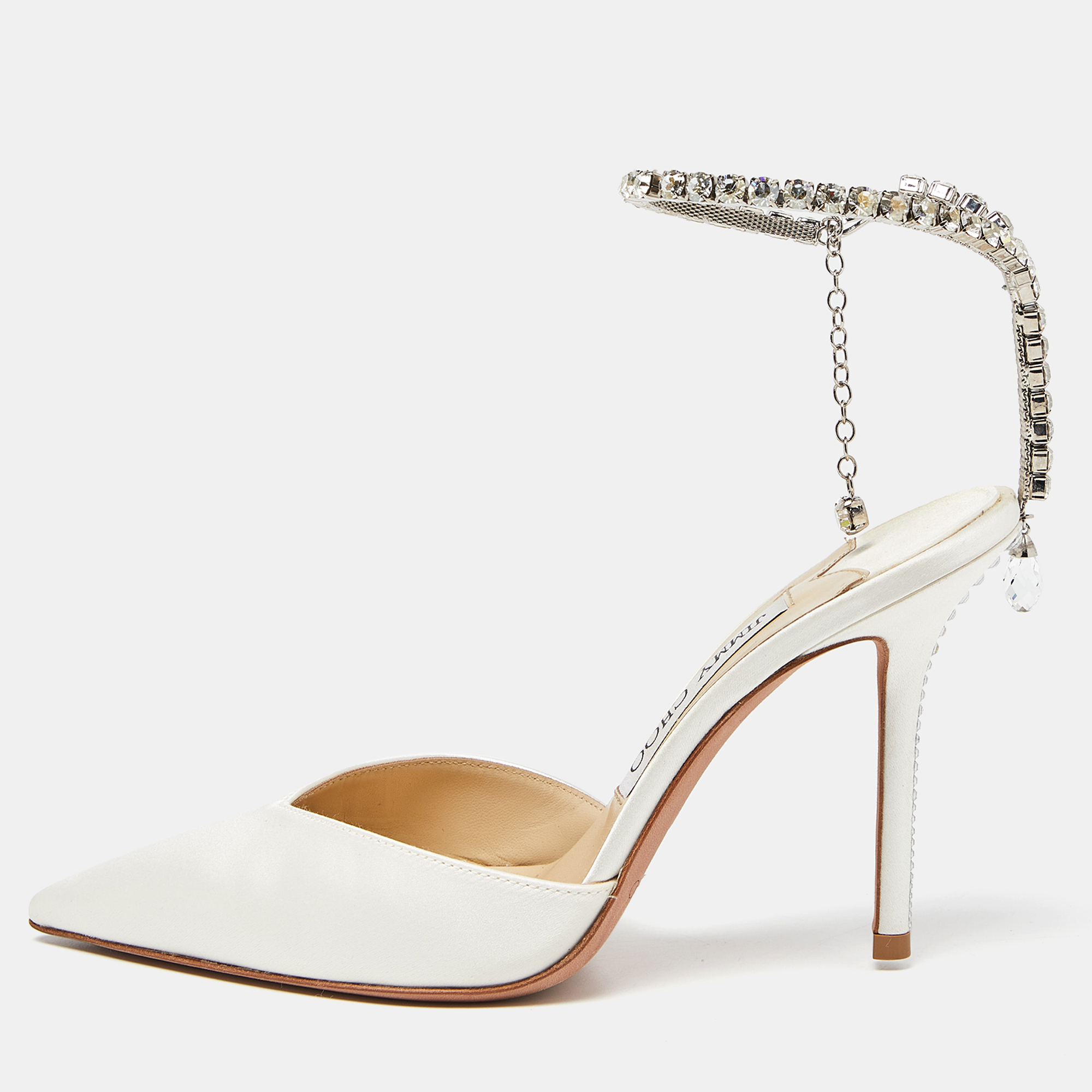 Jimmy Choo Off White Satin Saeda Crystals Ankle Strap Pumps Size 36.5