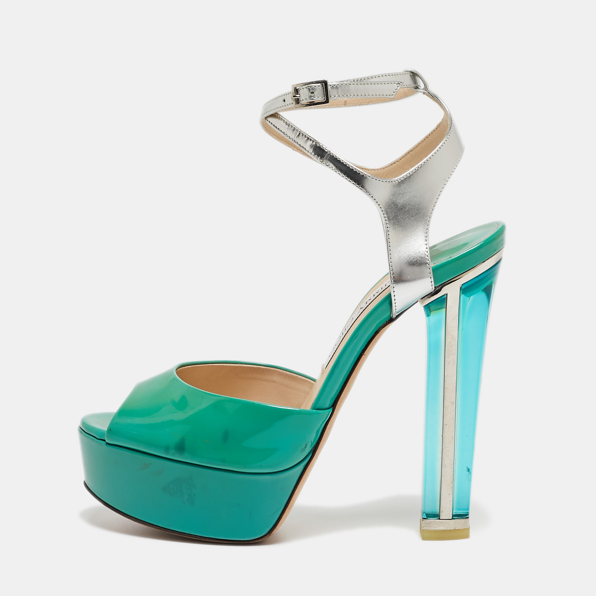 Jimmy choo green/silver leather lolita platform sandals size 38.5