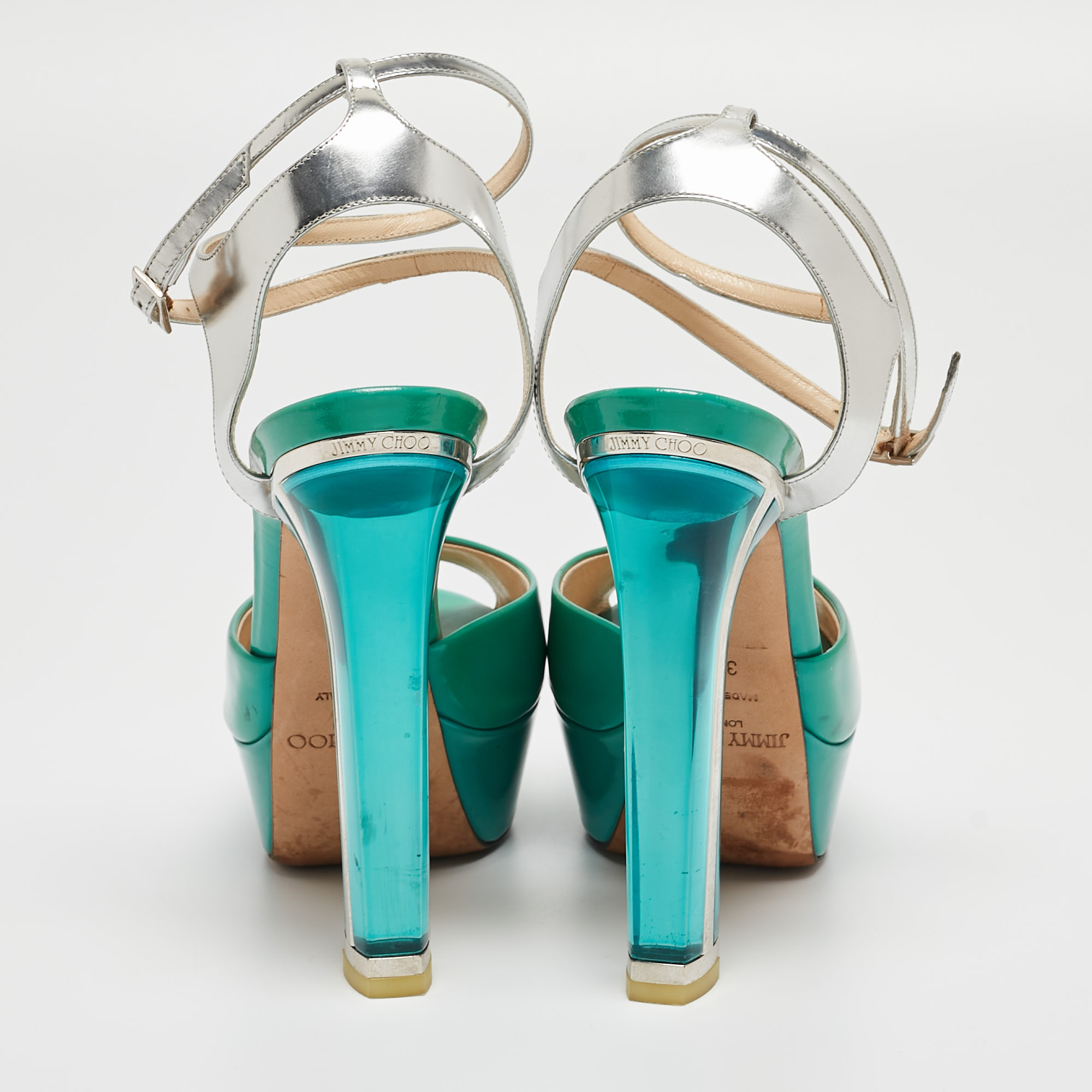 Jimmy Choo Green/Silver Leather Lolita Platform Sandals Size 38.5