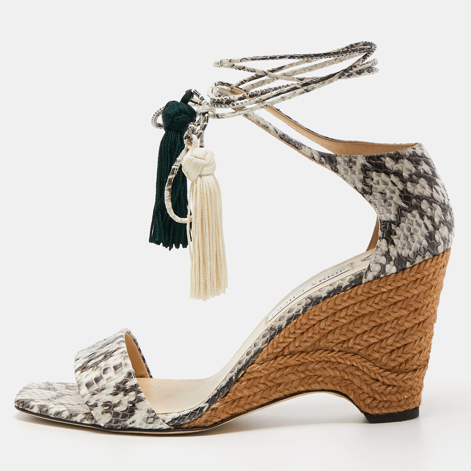Jimmy choo brown/cream python leather wedge sandals size 40.5