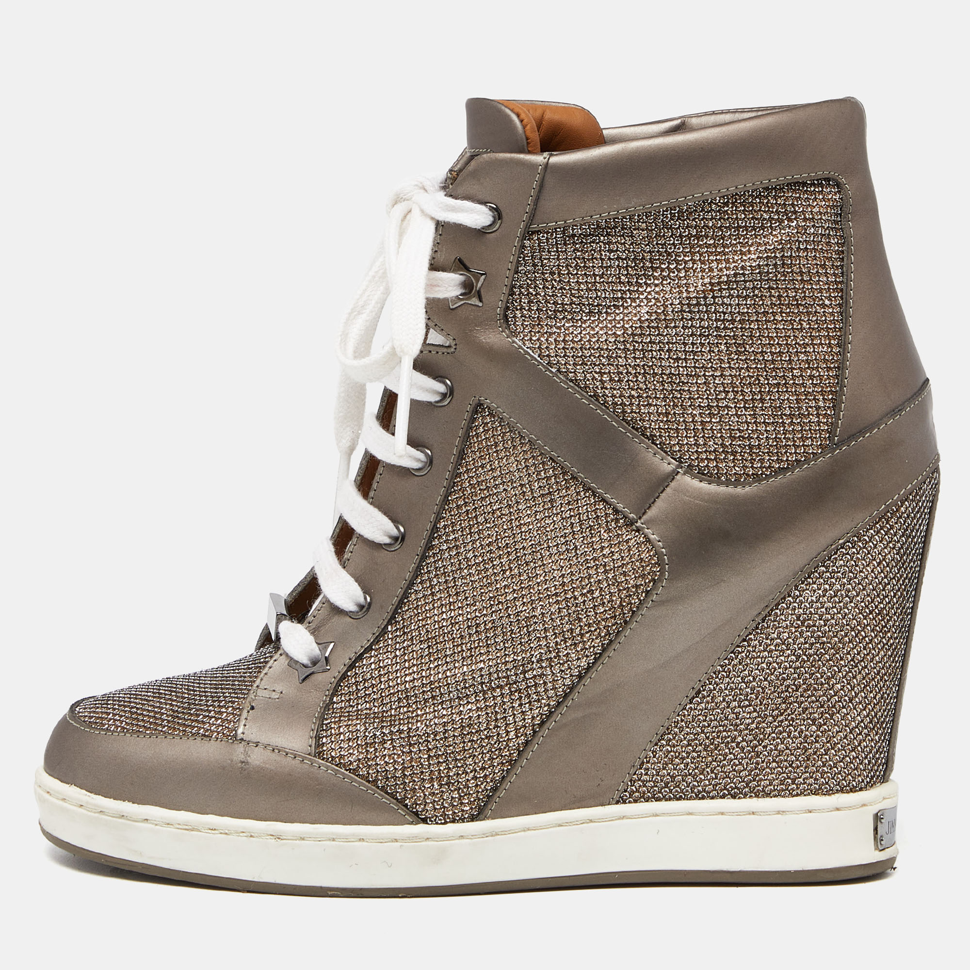 Jimmy choo metallic leather and lurex fabric tokyo wedge sneakers size 37