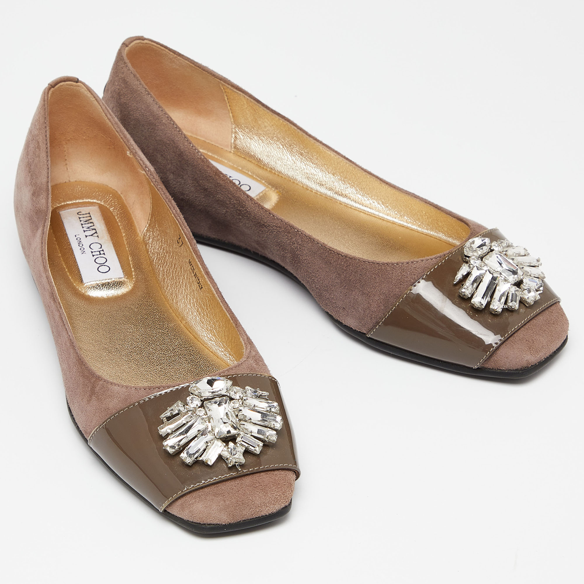 Jimmy Choo Brown Suede And Patent Crystal Embellished Ballet Flats Size 37