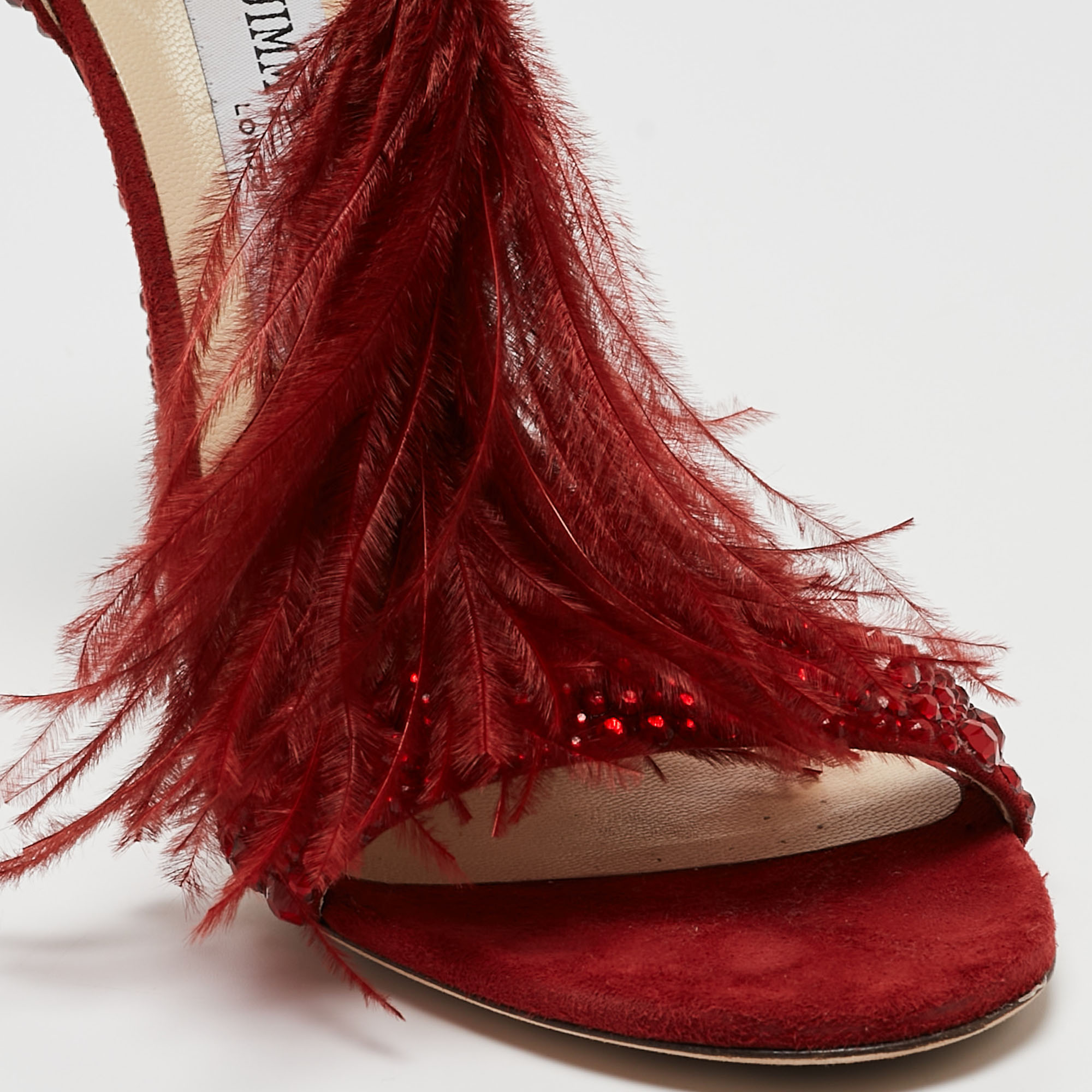 Jimmy Choo Dark Red Crystal Embellished Suede And Ostrich Feather Viola Sandals Size 39