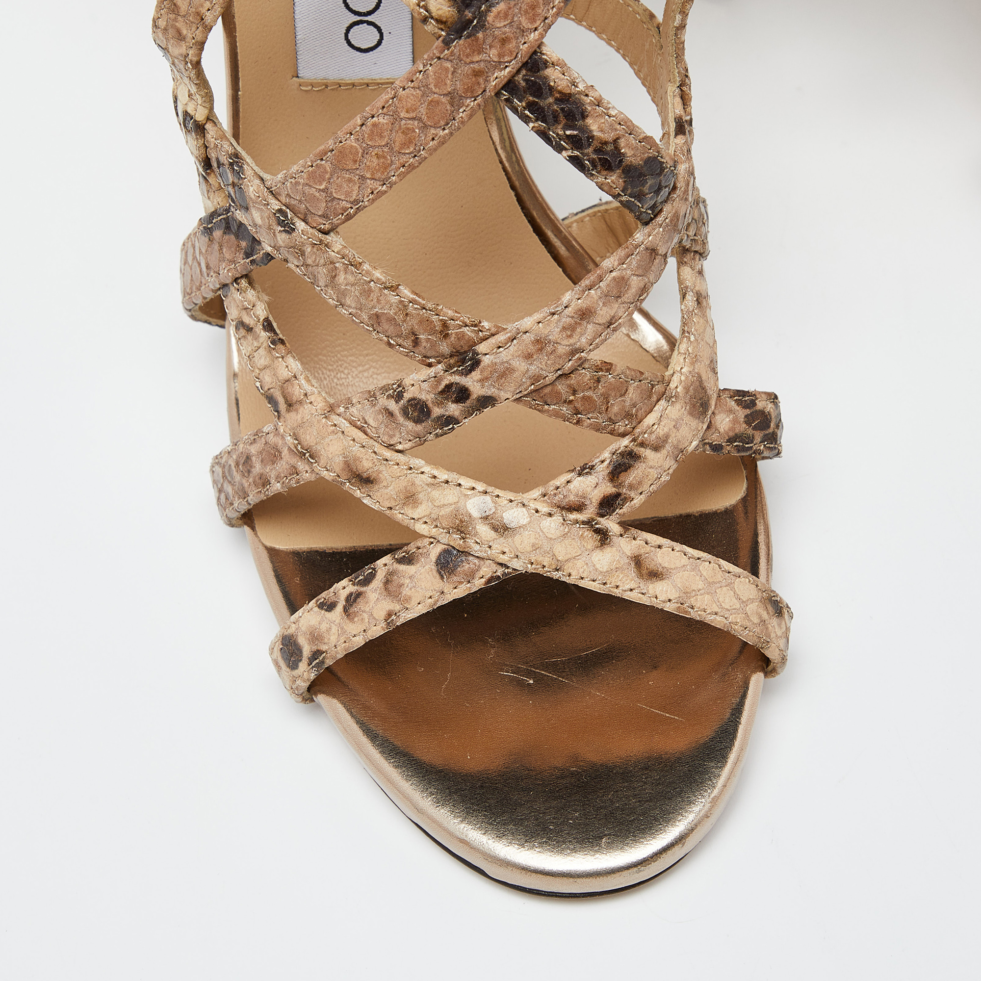Jimmy Choo Beige Python Embossed Leather Ankle Strap Sandals Size 38