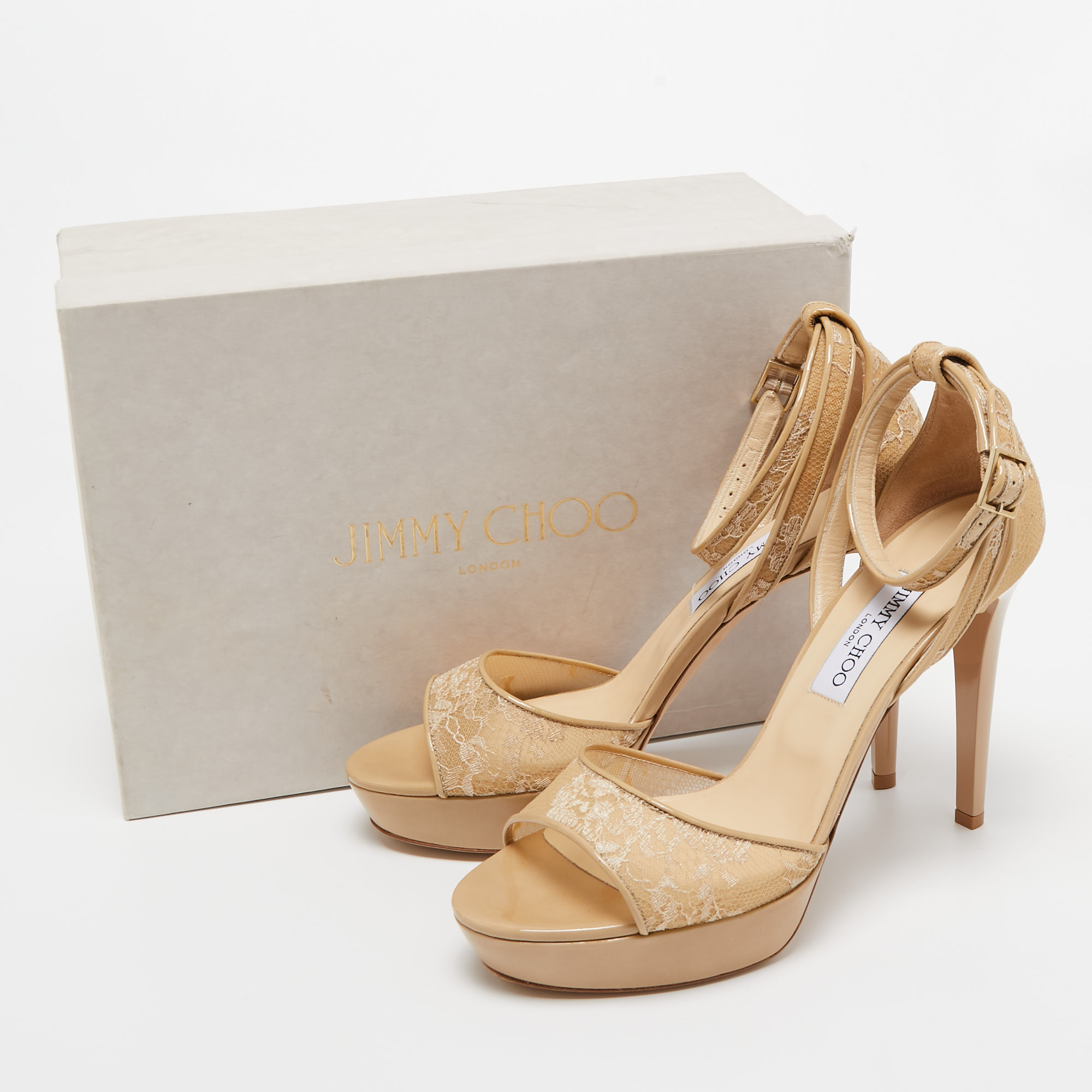 Jimmy Choo Beige Lace And Patent Leather Kayden Ankle Strap Platform Sandals Size 41