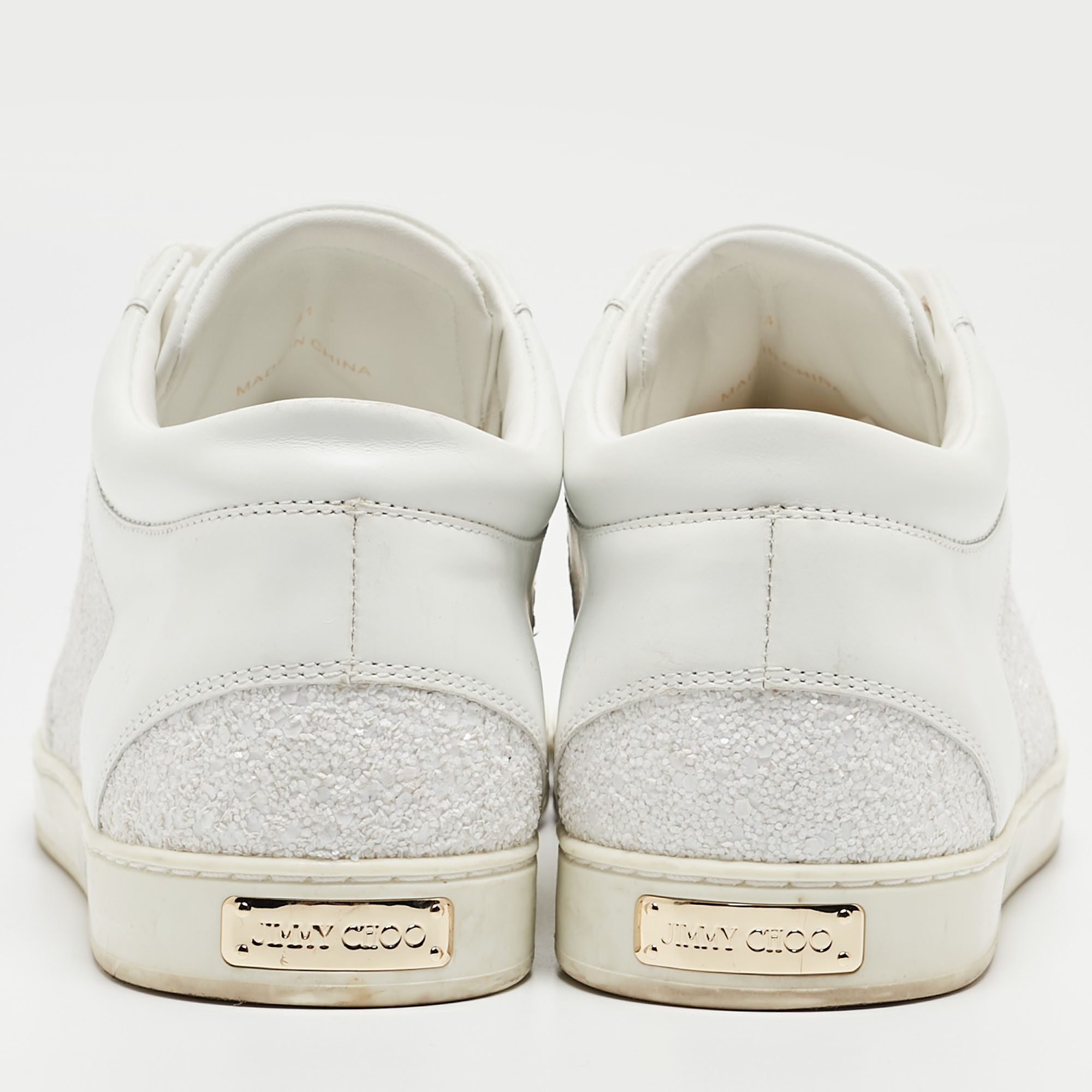 Jimmy Choo White Glitter And Leather Low Top Sneakers Size 41