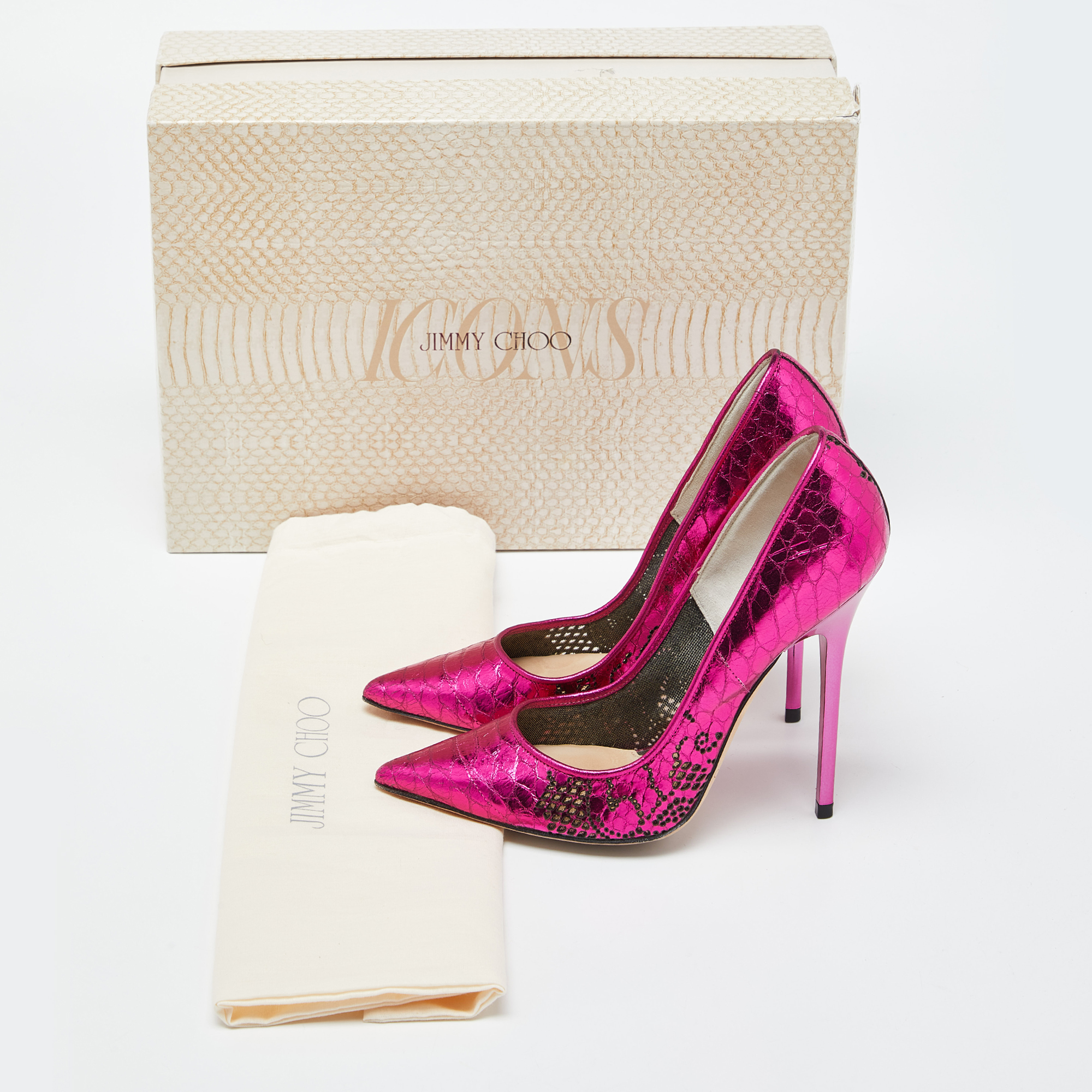 Jimmy Choo Fuchsia Snakeskin Effect Mirrored Leather ICONS Capsule Pumps Size 34.5