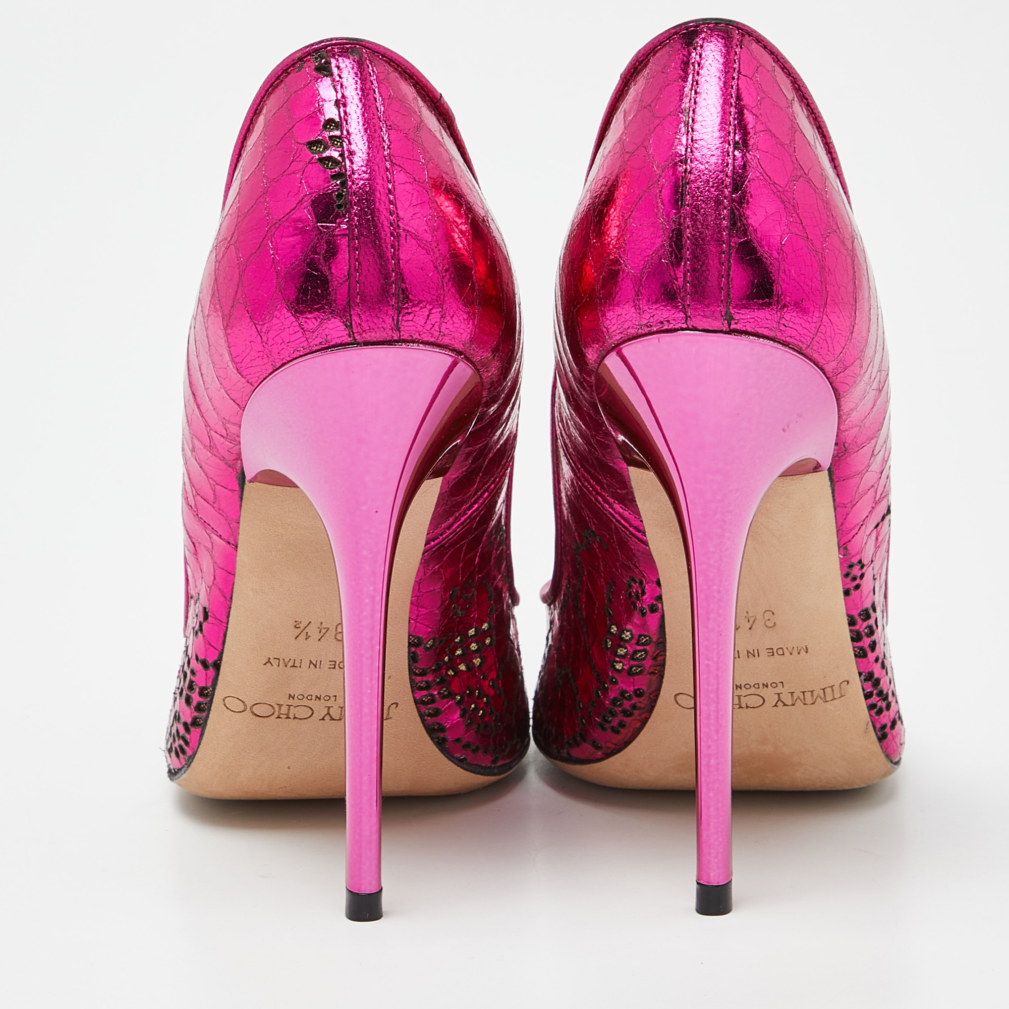 Jimmy Choo Fuchsia Snakeskin Effect Mirrored Leather ICONS Capsule Pumps Size 34.5
