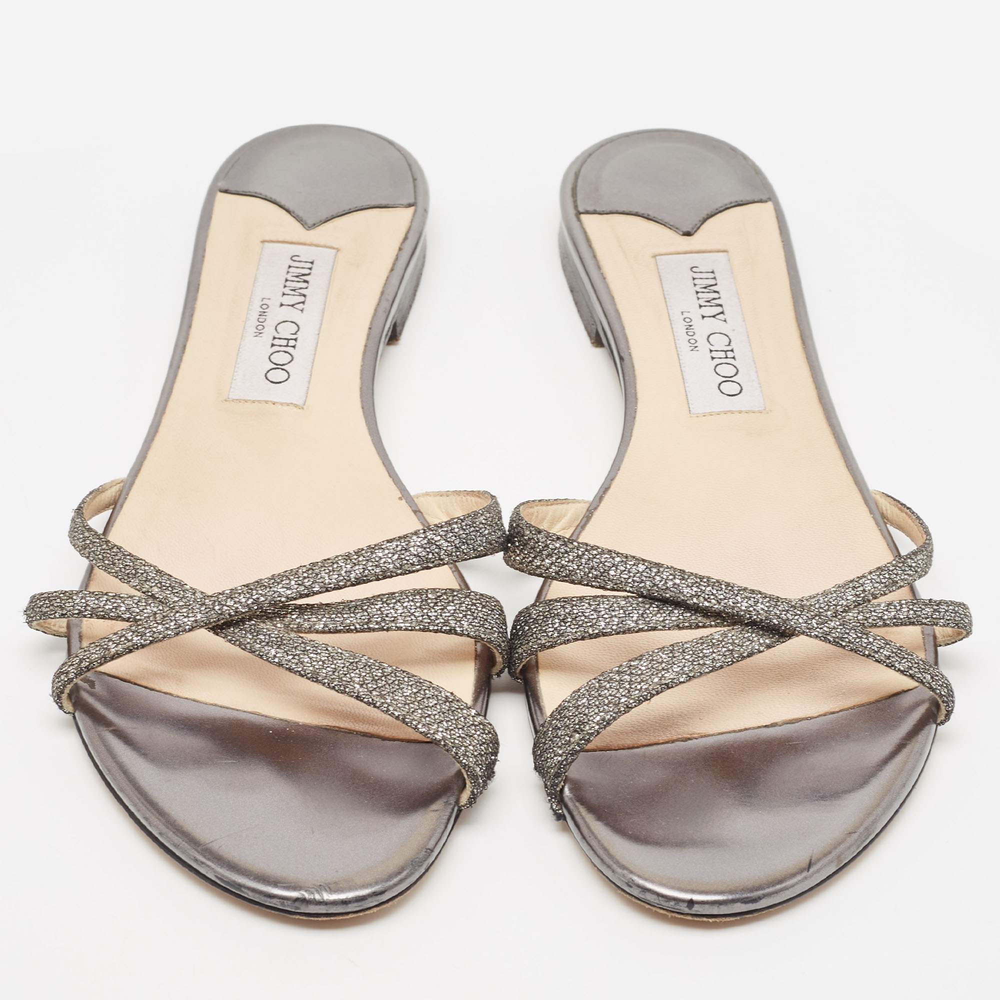 Jimmy Choo Metallic Glitter And Leather Strappy Flat Sandals Size 39