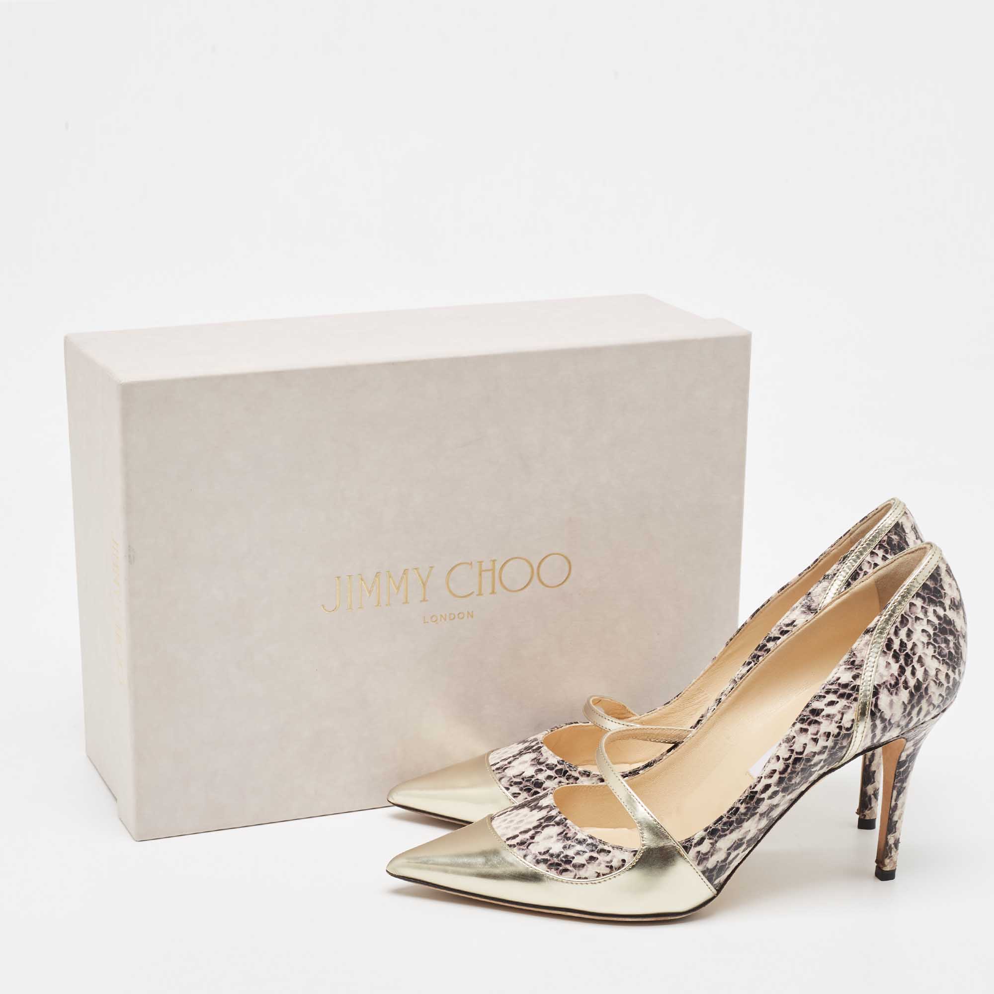 Jimmy Choo Gold/Black Snakeskin Embossed And Leather Mantic Pumps Size 40