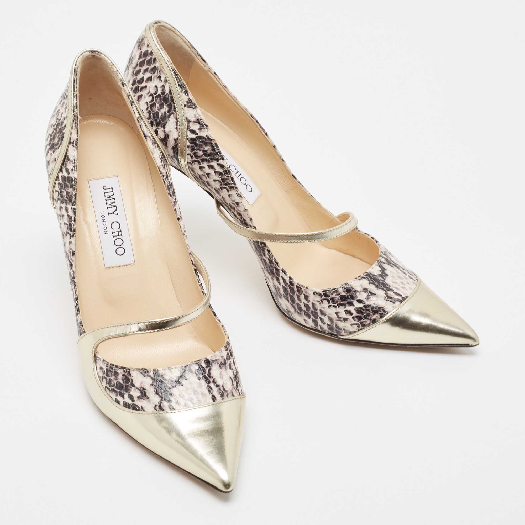 Jimmy Choo Gold/Black Snakeskin Embossed And Leather Mantic Pumps Size 40